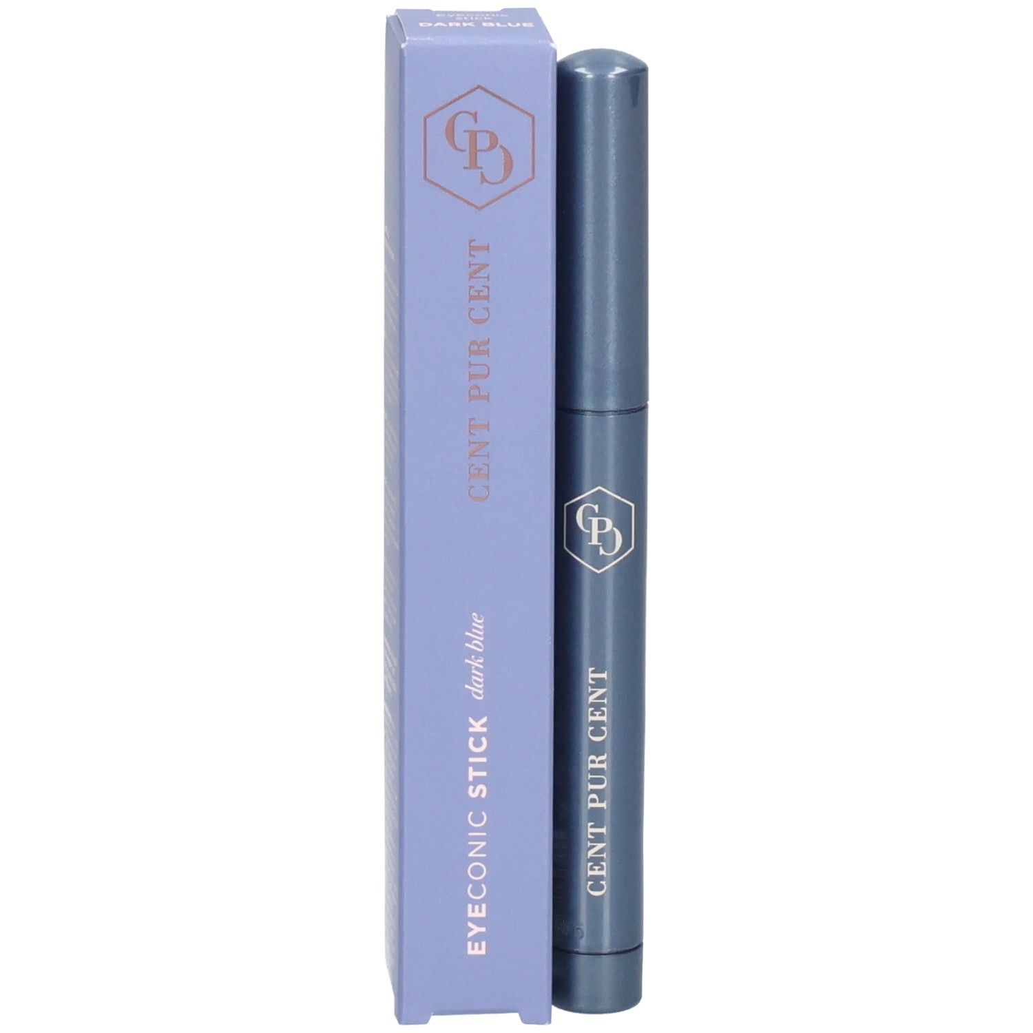 Stylo bleu foncé à côté de son emballage lilas clair avec nom du produit.