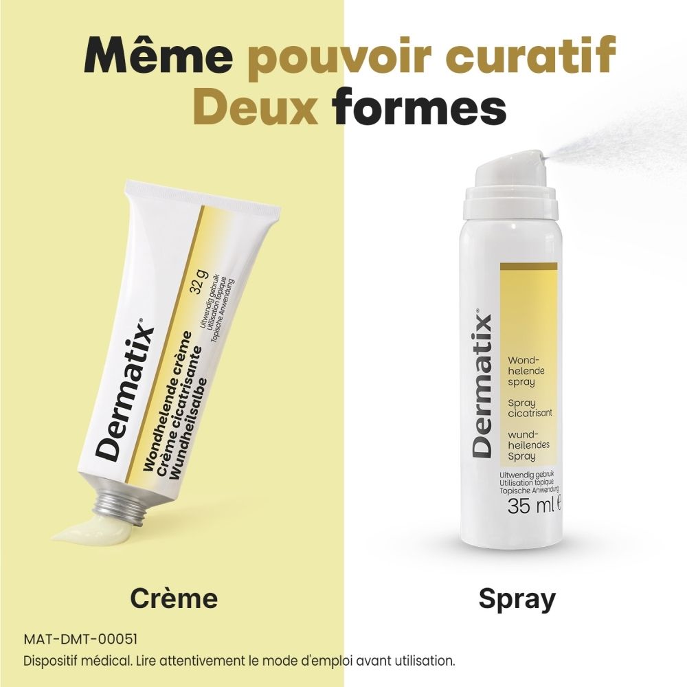 Dermatix Spray Cicatrisant: Facile à utiliser, montre l'application par spray sur une plaie.