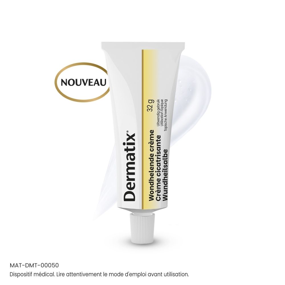 Dermatix Crème cicatrisante 32g. Emballage avec informations détaillées.