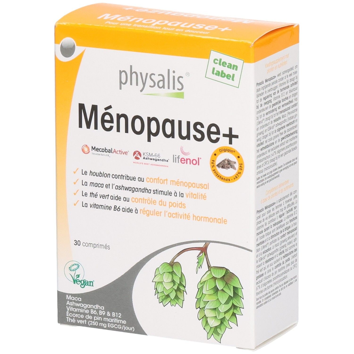 Boîte de Physalis Ménopause+ comprimés. Design orange et blanc. Nom du produit, ingrédients et 30 comprimés visibles.