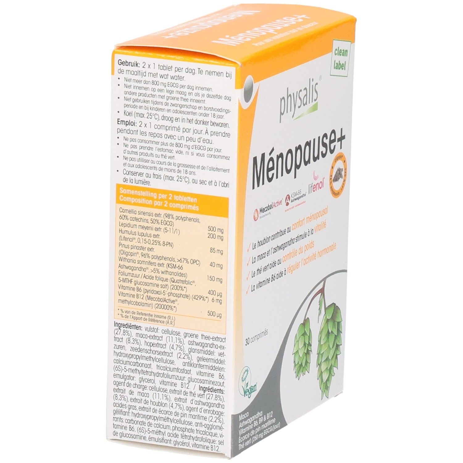 Dos de la boîte de Physalis Ménopause+ comprimés. Texte avec ingrédients et dosage. Design orange et blanc.