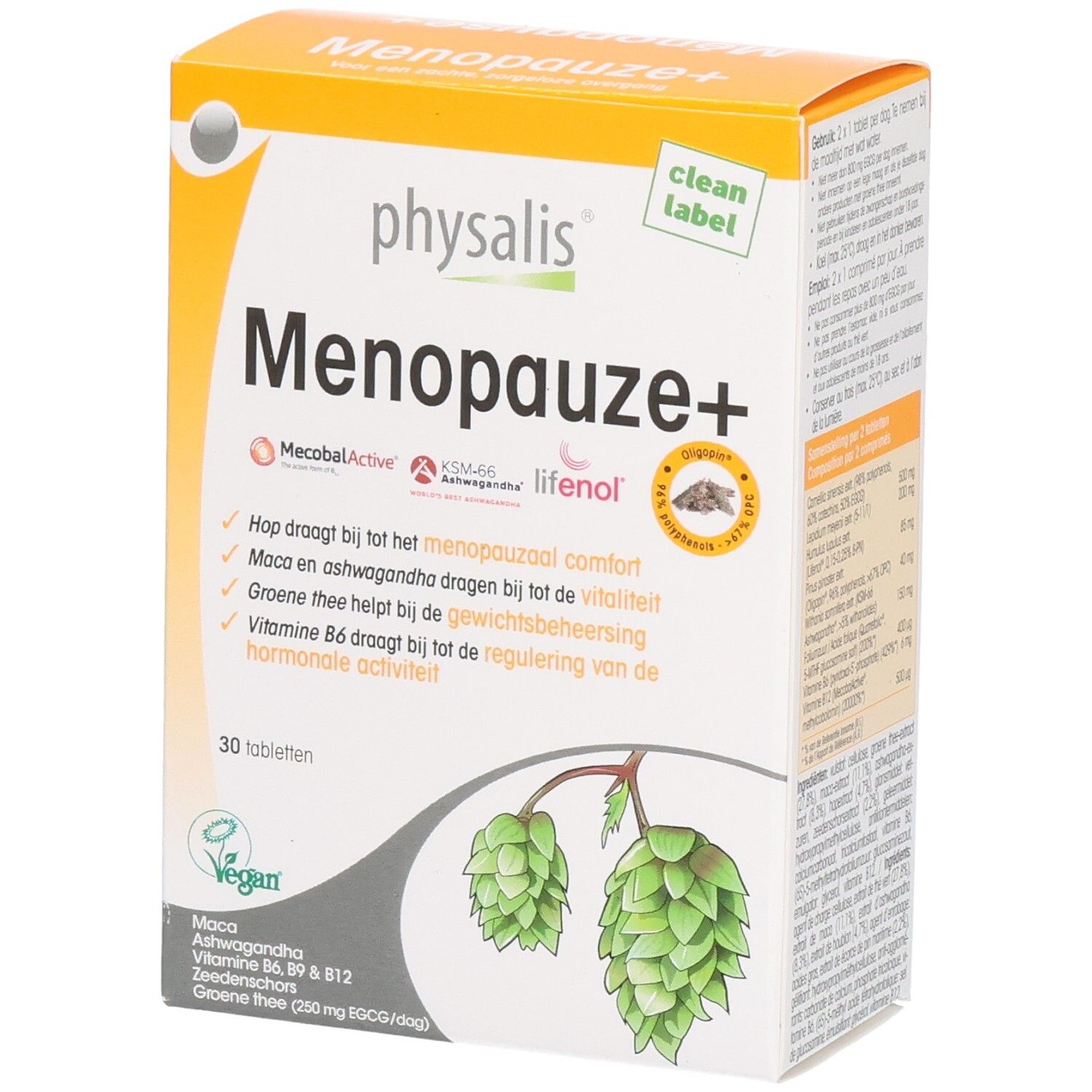 Boîte de Physalis Ménopause+ comprimés. Design orange et blanc. Nom du produit, ingrédients et 30 comprimés.