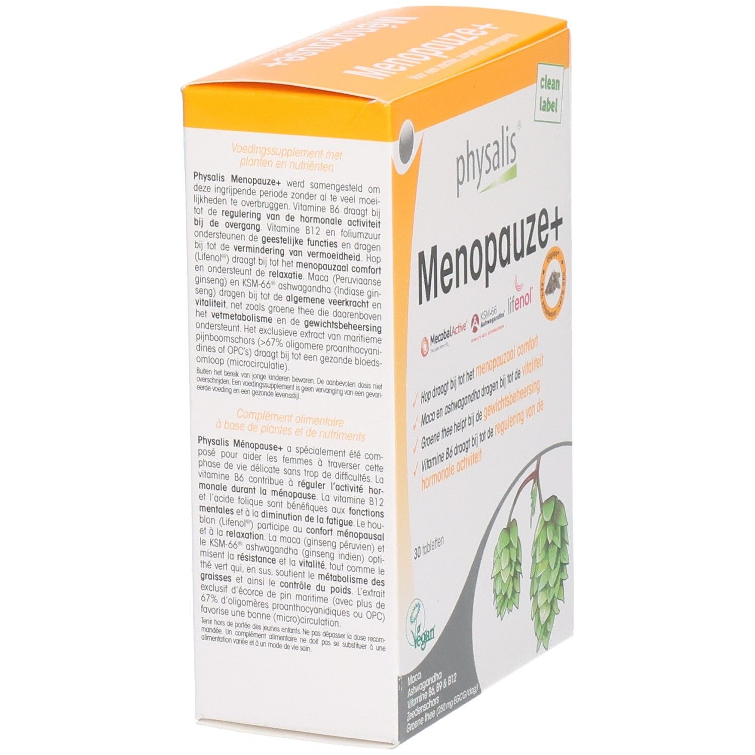 Dos de la boîte de Physalis Ménopause+ comprimés. Texte avec ingrédients et utilisation. Design orange et blanc.