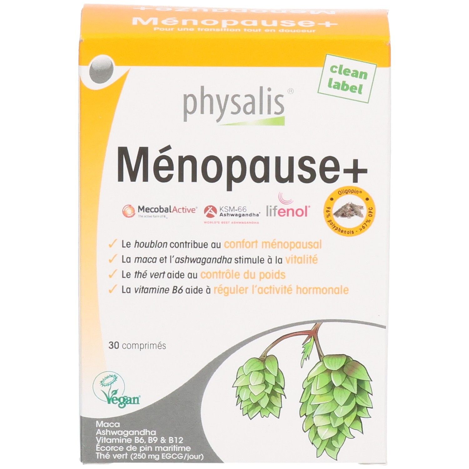 Boîte de Physalis Ménopause+ comprimés. Design orange et blanc. Nom du produit, ingrédients et 30 comprimés.