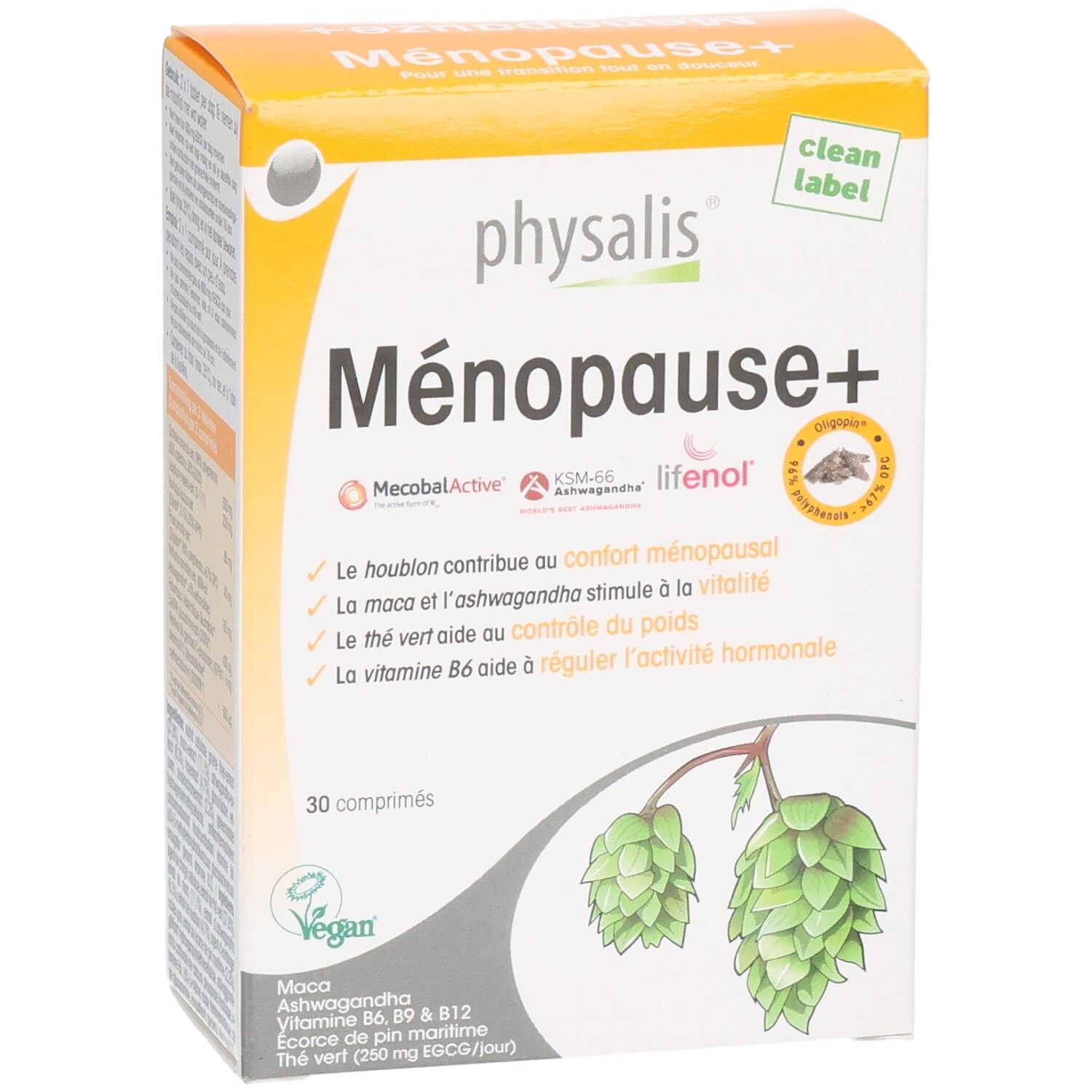 Boîte de Physalis Ménopause+ comprimés. Design orange et blanc. Nom du produit, ingrédients et 30 comprimés.