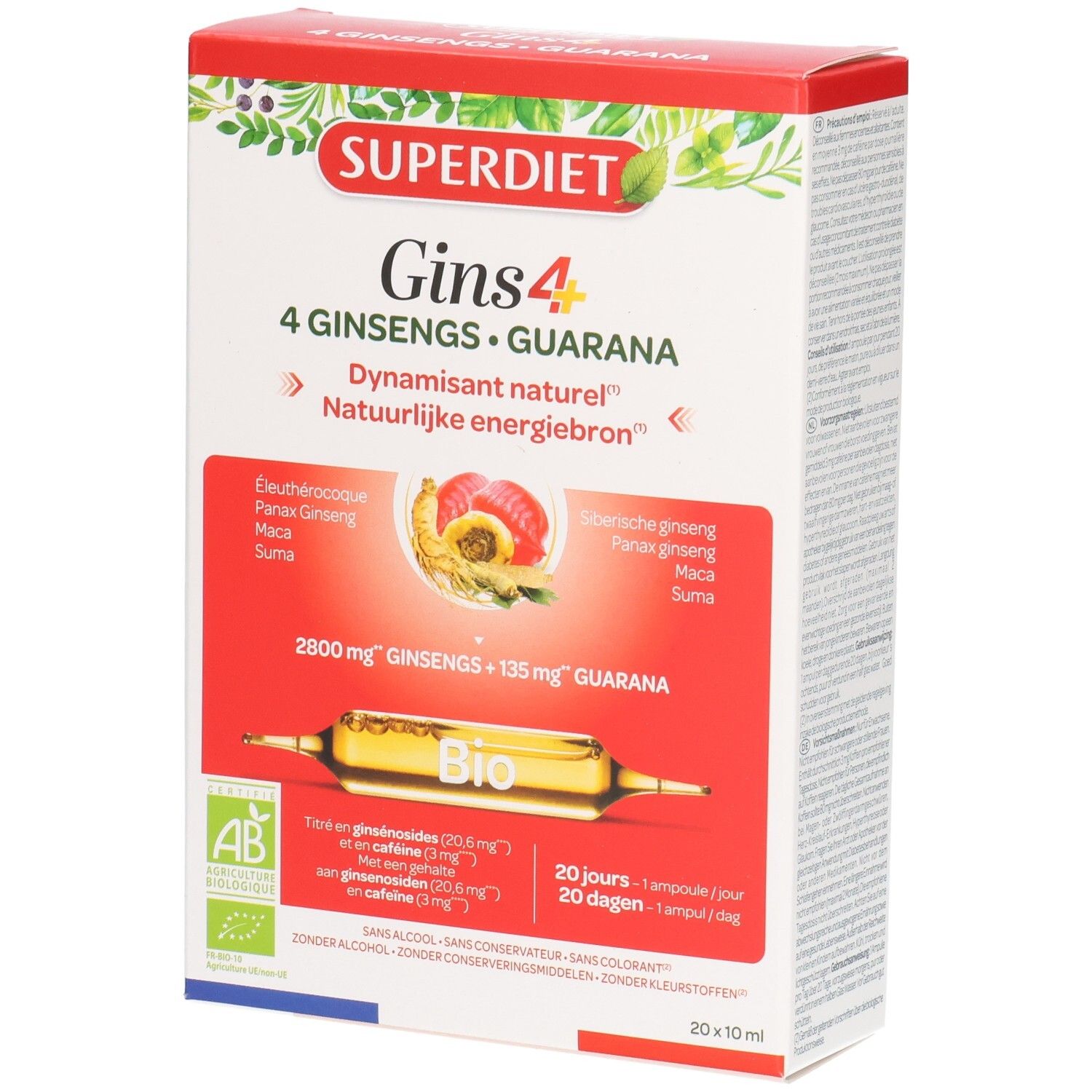 Superdiet Gins 4: Boîte de 20 ampoules Ginseng et Guarana. Certifié Bio.