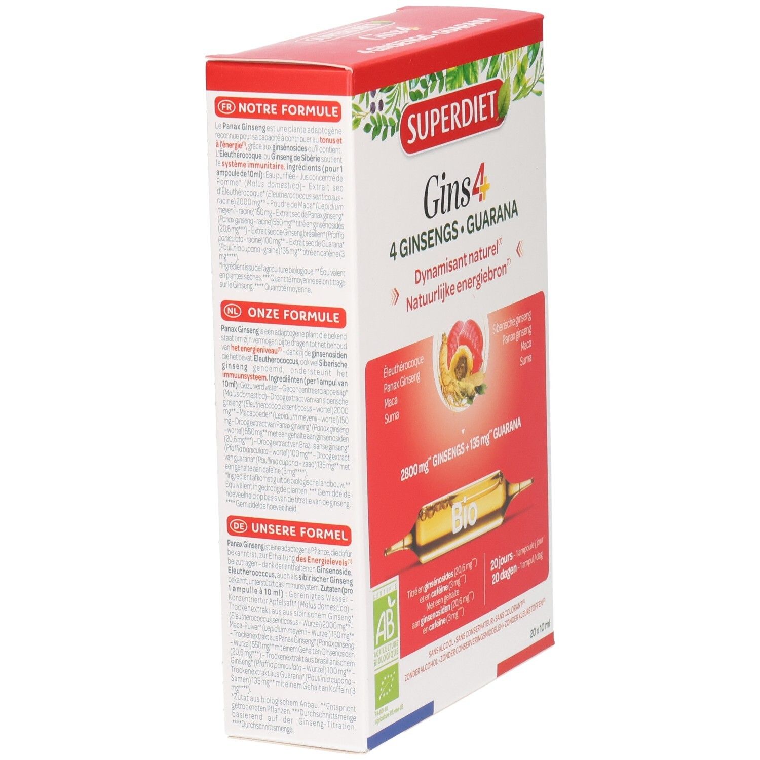 Superdiet Gins 4: Vue latérale de l'emballage avec détails de la formule multilingues. Certifié Bio.