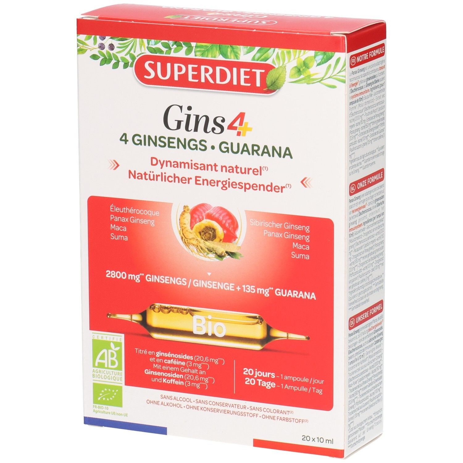 Superdiet Gins 4: Face avant de l'emballage avec ampoules de Ginseng et Guarana. Certifié Bio.