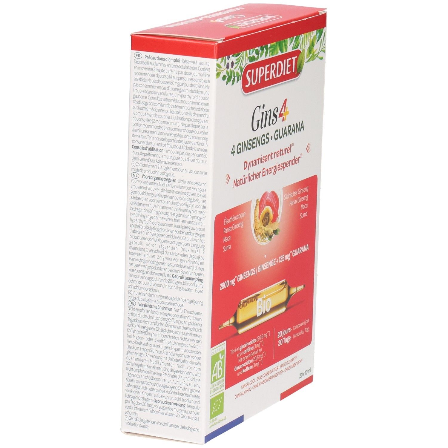 Superdiet Gins 4: Arrière de l'emballage avec ingrédients détaillés et instructions. Certifié Bio.