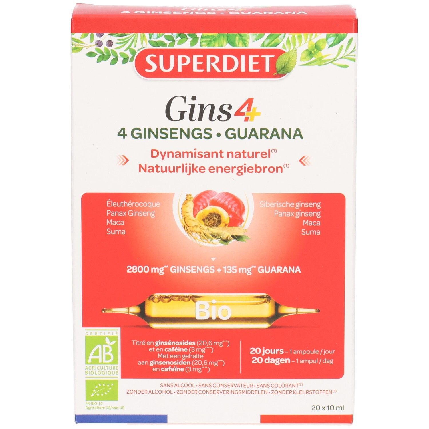 Superdiet Gins 4: Emballage montrant racine de ginseng, maca et graines de guarana. Certifié Bio.