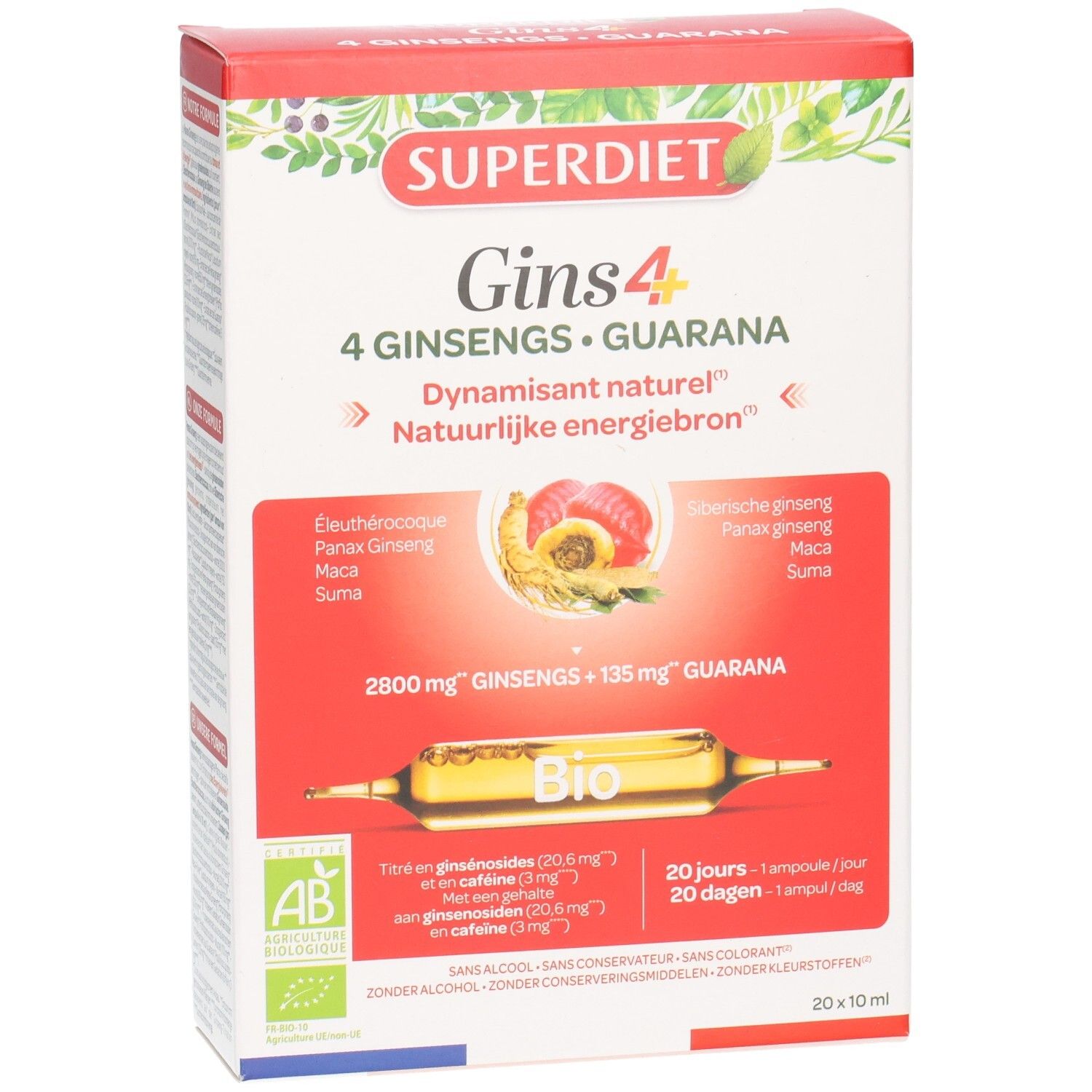 Superdiet Gins 4: Vue détaillée de l'emballage avec sceau Bio et illustration d'ampoule. Certifié Bio.