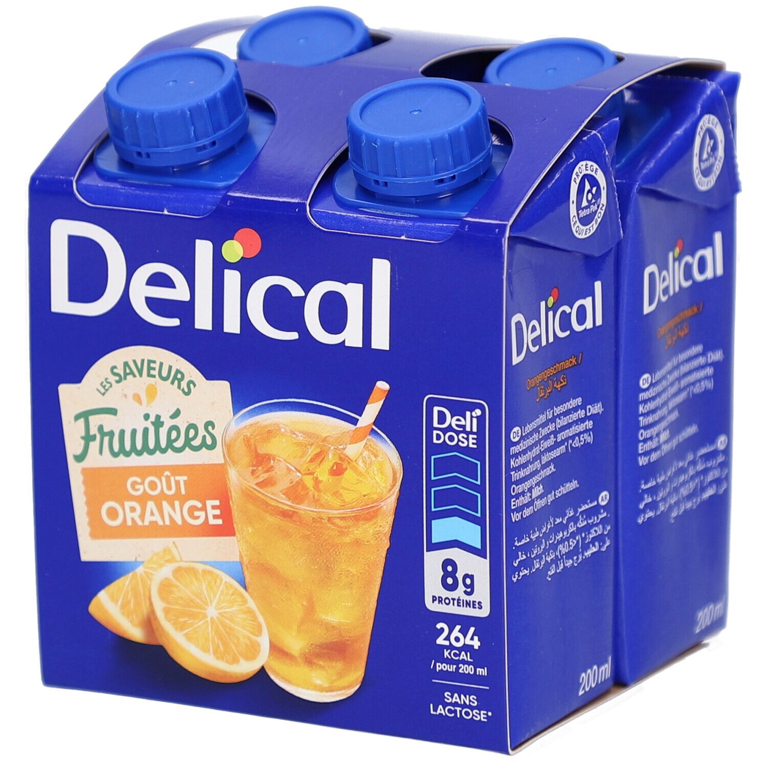 Emballage carton bleu avec quatre briques de boisson. Inscription : Delical, goût orange, 8g protéines, 264 kcal, sans lactose.