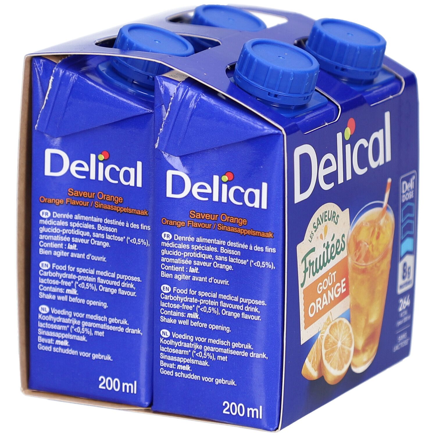 Emballage carton bleu avec quatre briques de boisson. Inscription : Delical, saveur orange, 200 ml. Contient des informations multilingues.