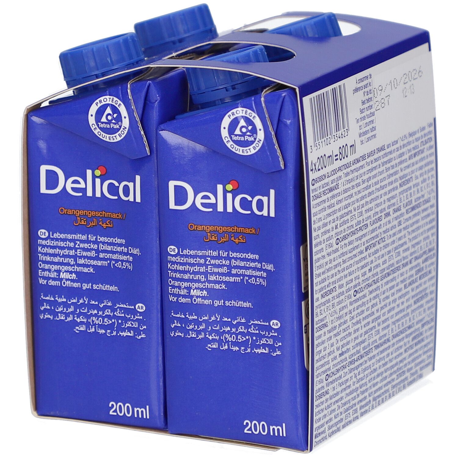 Emballage carton bleu avec quatre briques de boisson. Inscription : Delical, goût orange, 200 ml. Contient du texte multilingue.