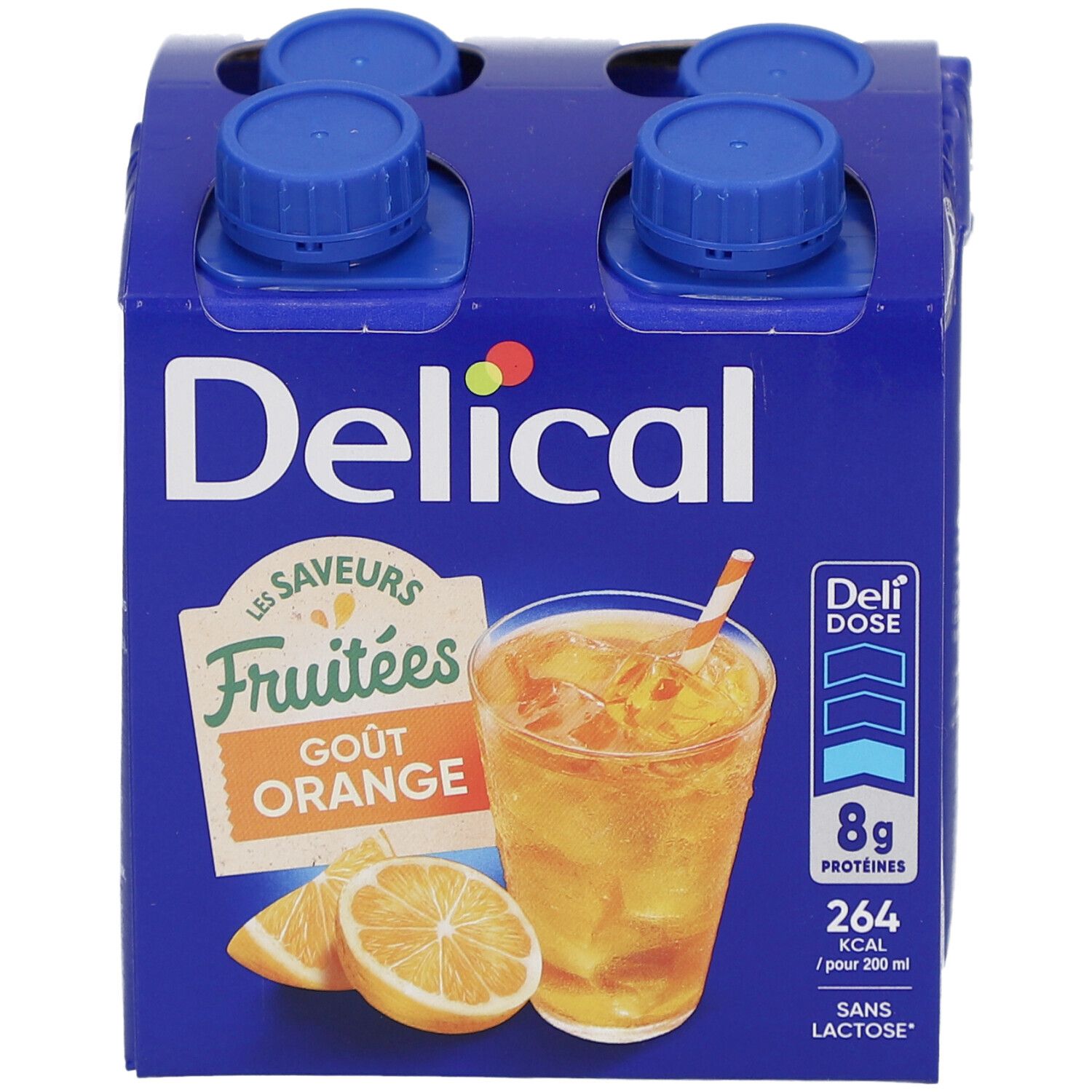 Emballage carton bleu avec quatre briques de boisson. Inscription : Delical, goût orange, 8g protéines, 264 kcal, sans lactose.
