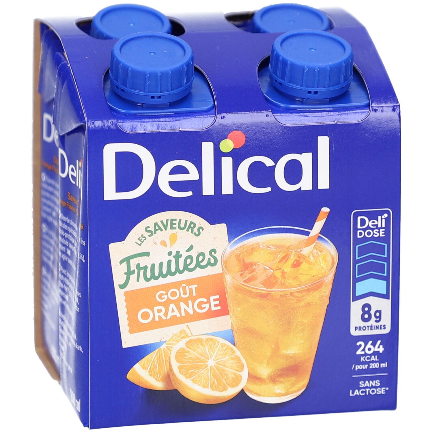 Emballage carton bleu avec quatre briques de boisson. Inscription : Delical, goût orange, 8g protéines, 264 kcal, sans lactose.