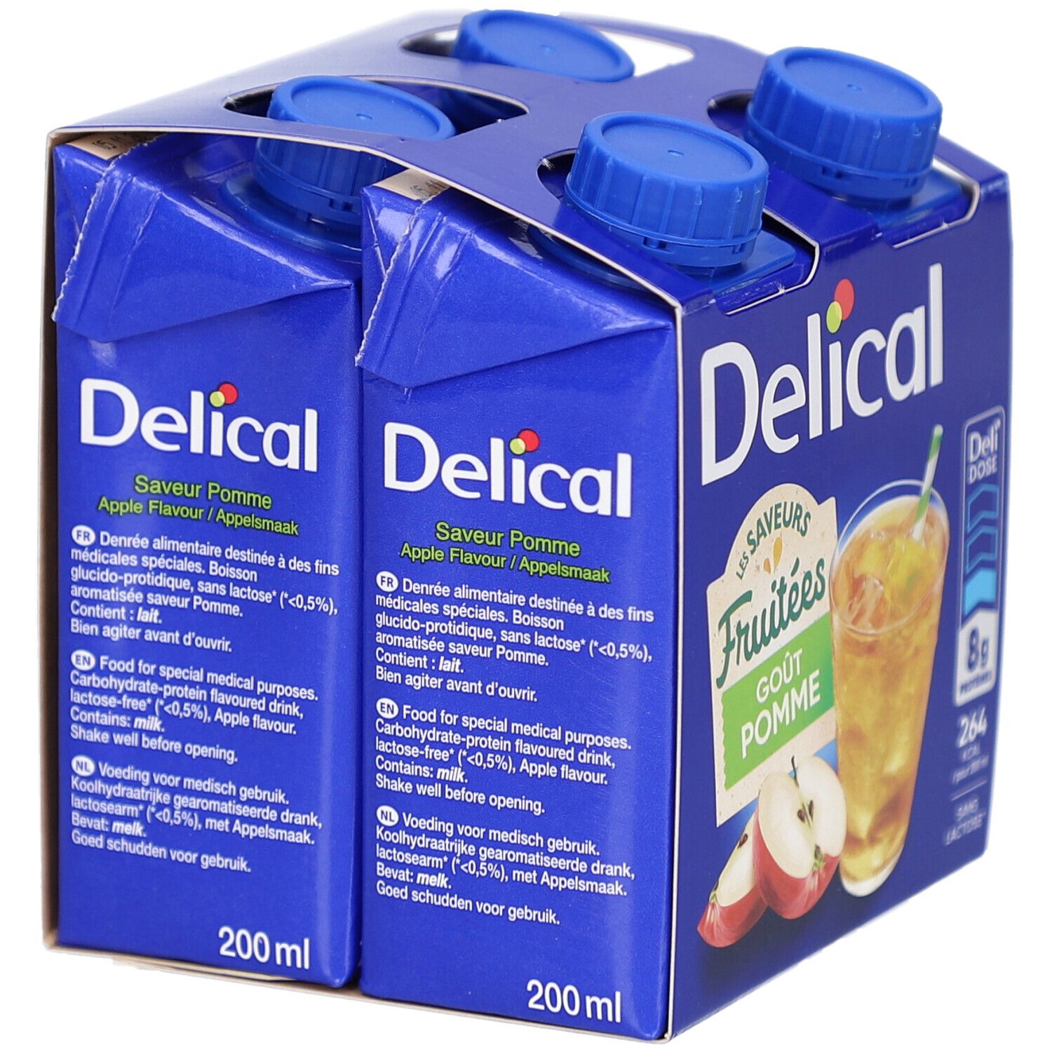 Emballage de quatre boissons. Emballage bleu avec logo Delical et goût pomme. Deux boissons sont visibles.