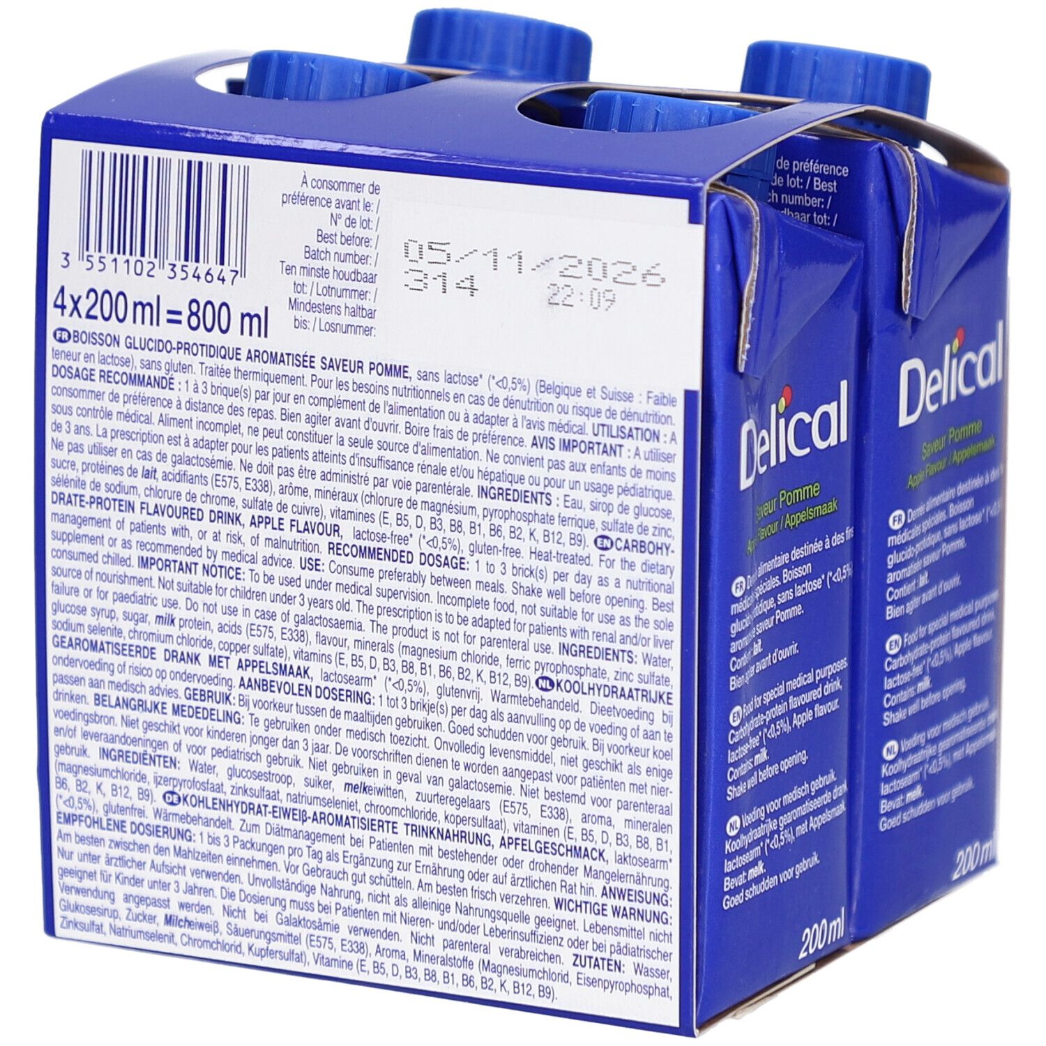 Dos de l'emballage de quatre boissons. Emballage bleu avec logo Delical. Contient des informations et une date de péremption.