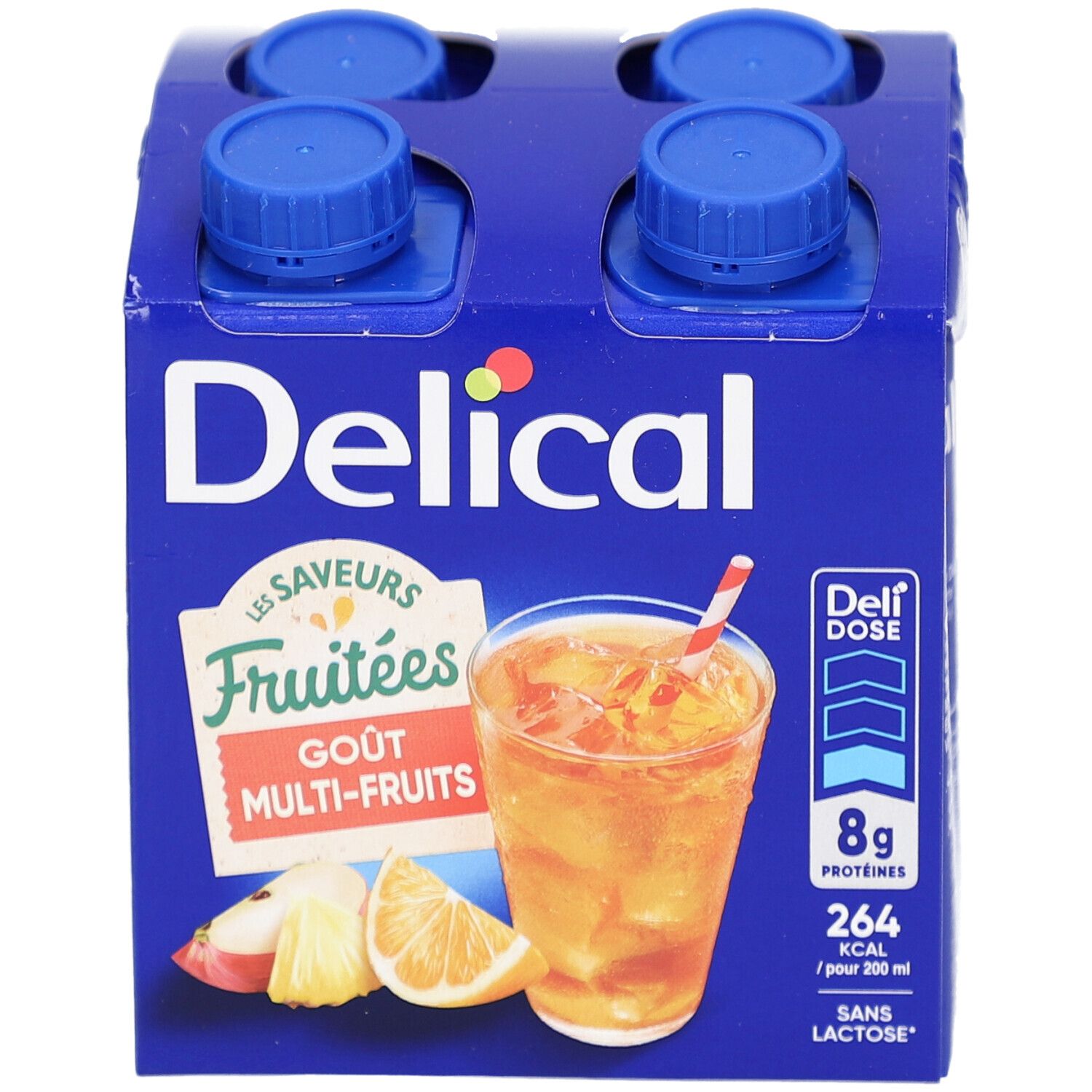 Emballage bleu de quatre boissons. Inscription: Delical, saveurs fruitées, goût multi-fruits, 8g protéines, 264 kcal, sans lactose.