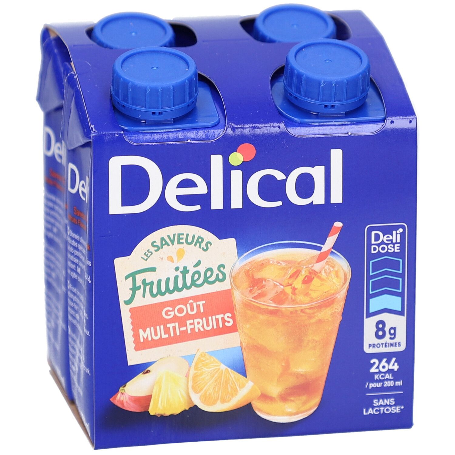 Emballage bleu de quatre boissons. Inscription: Delical, saveurs fruitées, goût multi-fruits, 8g protéines, 264 kcal, sans lactose.