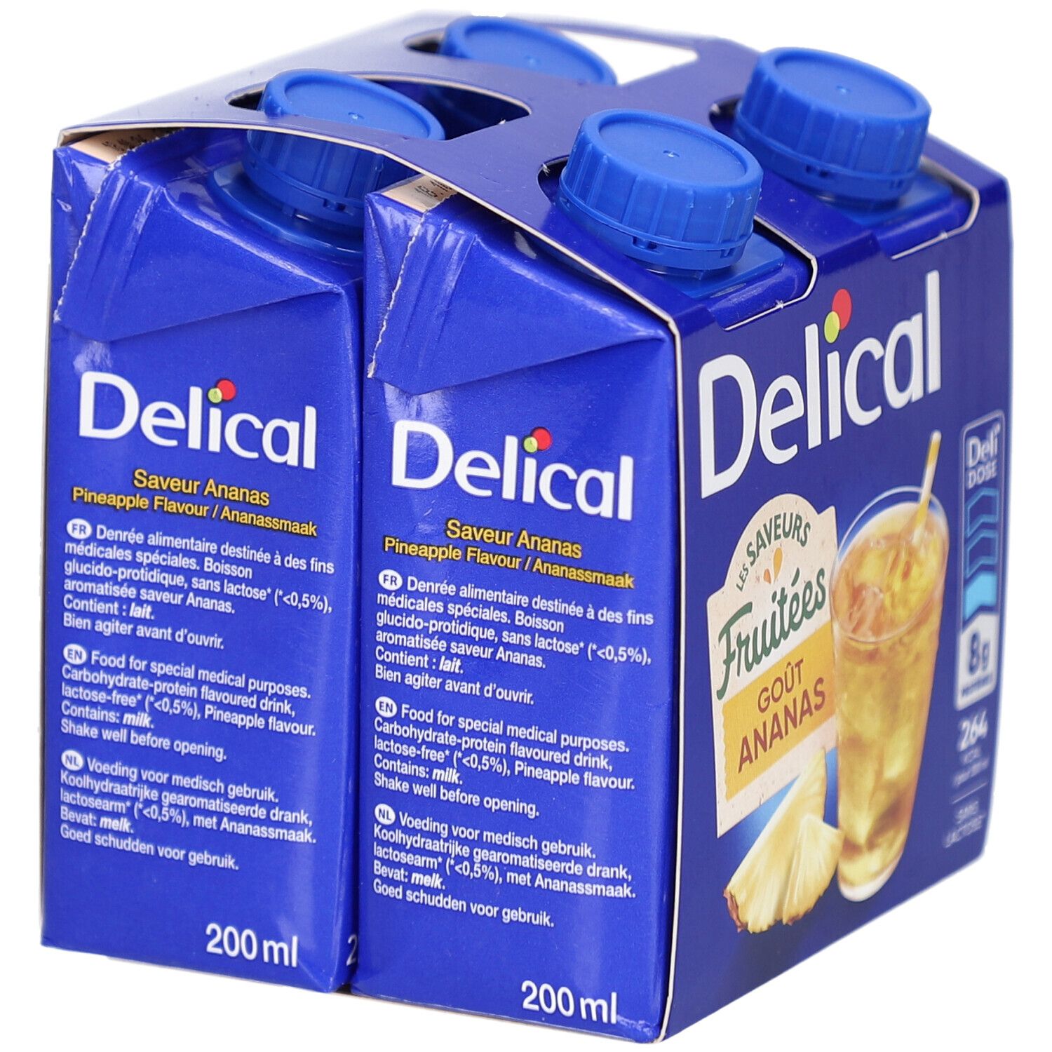 Emballage bleu de quatre boissons Delical, saveur Ananas. Texte en plusieurs langues.