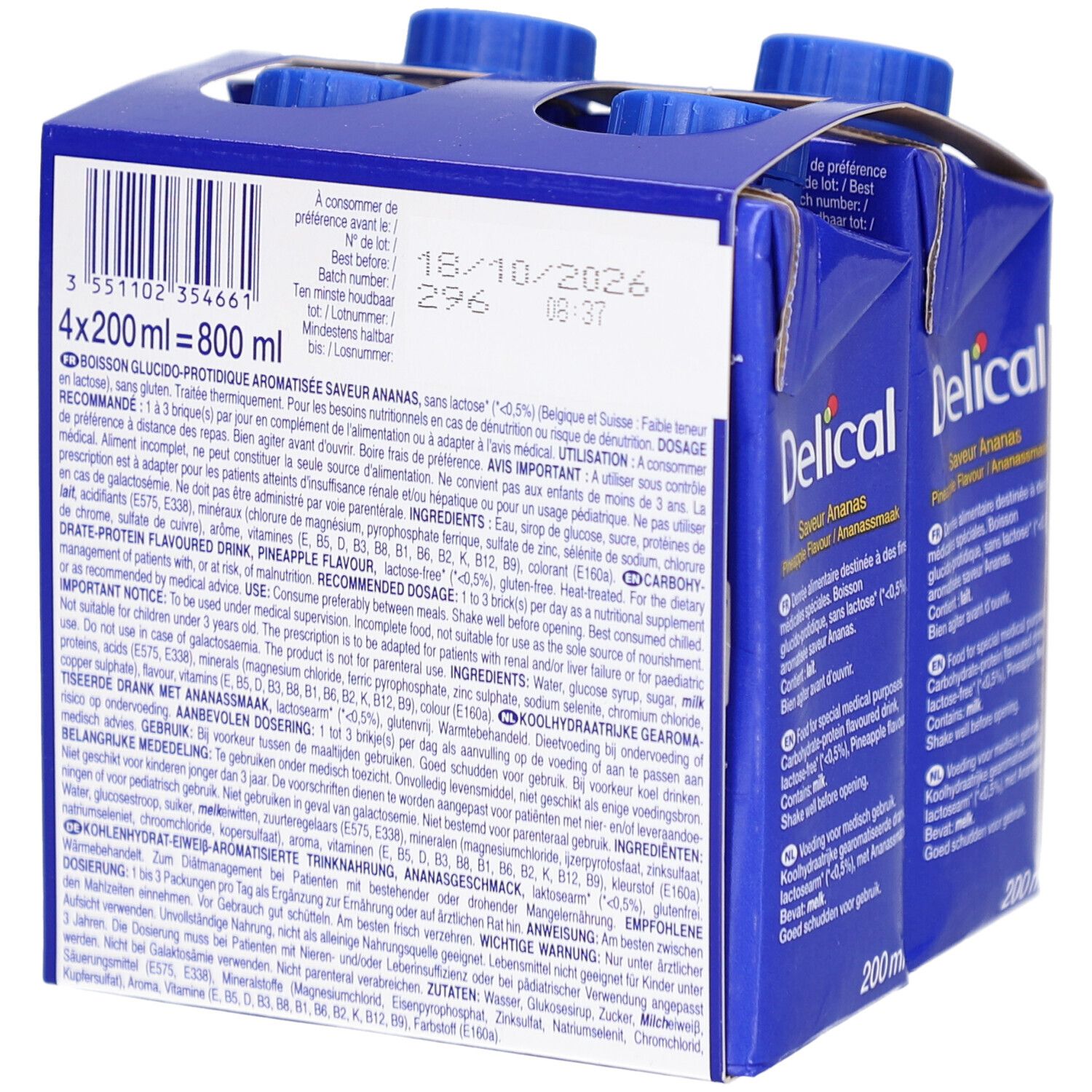 Dos de l'emballage bleu de quatre boissons. Texte multilingue, date limite de consommation 18/10/2026.