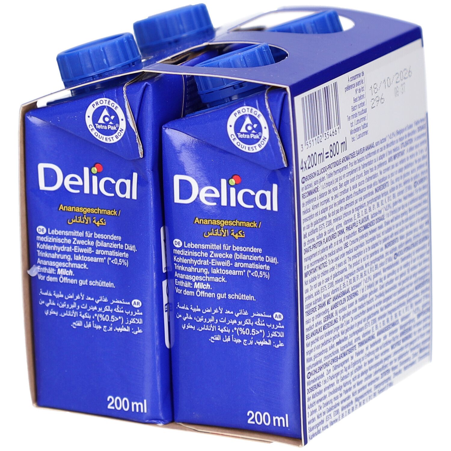 Emballage bleu de quatre boissons Delical, saveur Ananas. Logo Tetra Pak.