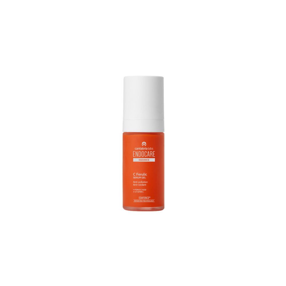 Flacon Endocare Radiance C Ferulic Serum Gel orange vif avec pompe blanche.