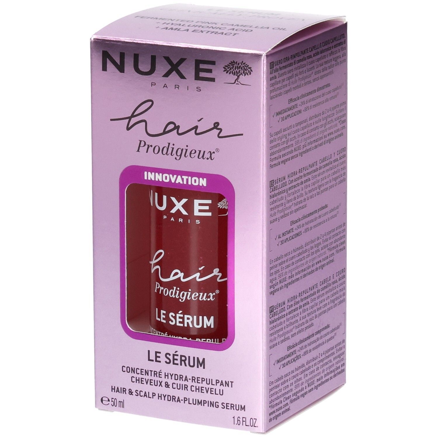 Boîte de sérum Nuxe Hair Prodigieux. Flacon visible. Inscriptions: nom de la marque, produit, ingrédients.