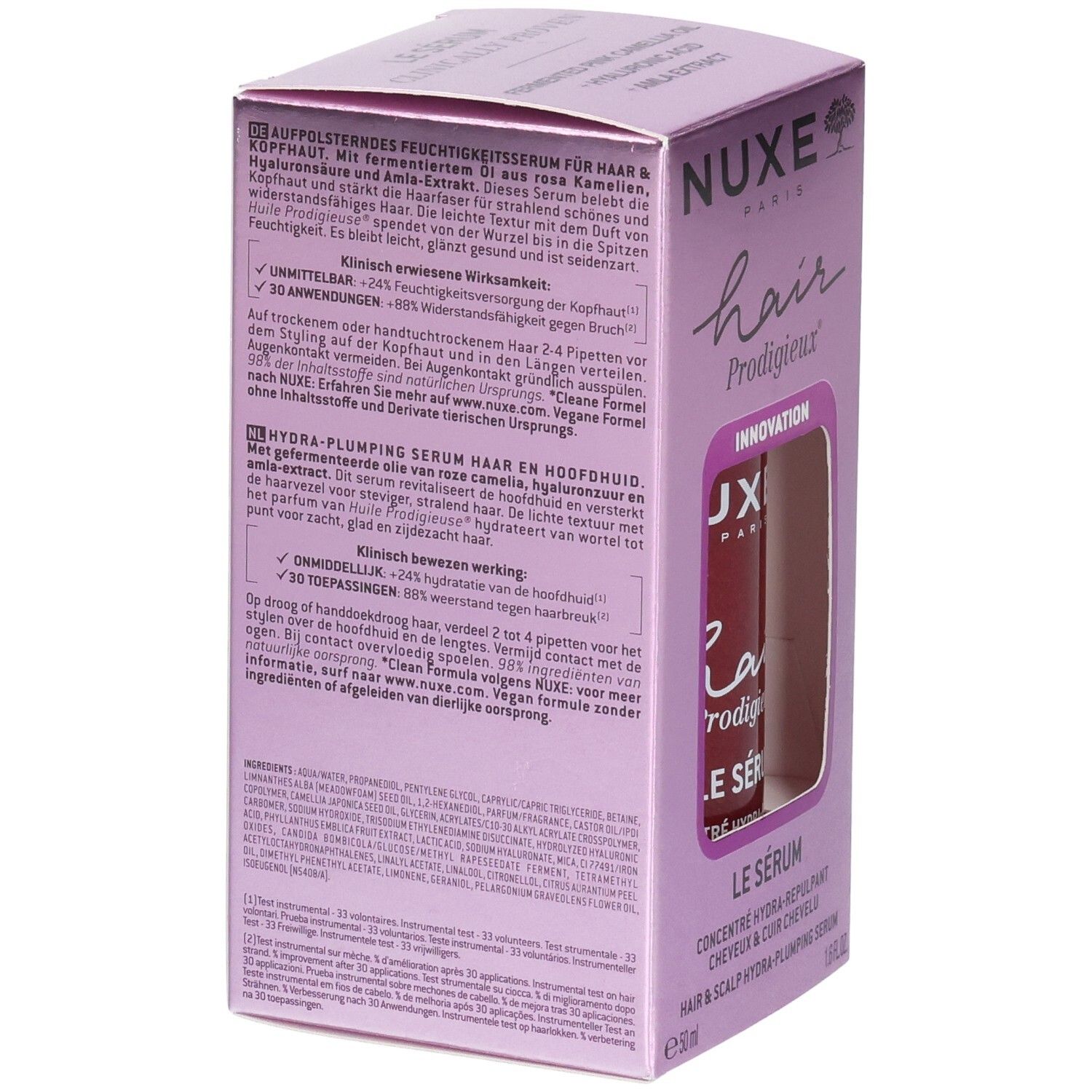 Dos de la boîte de sérum Nuxe Hair Prodigieux. Texte en français, informations sur le produit.