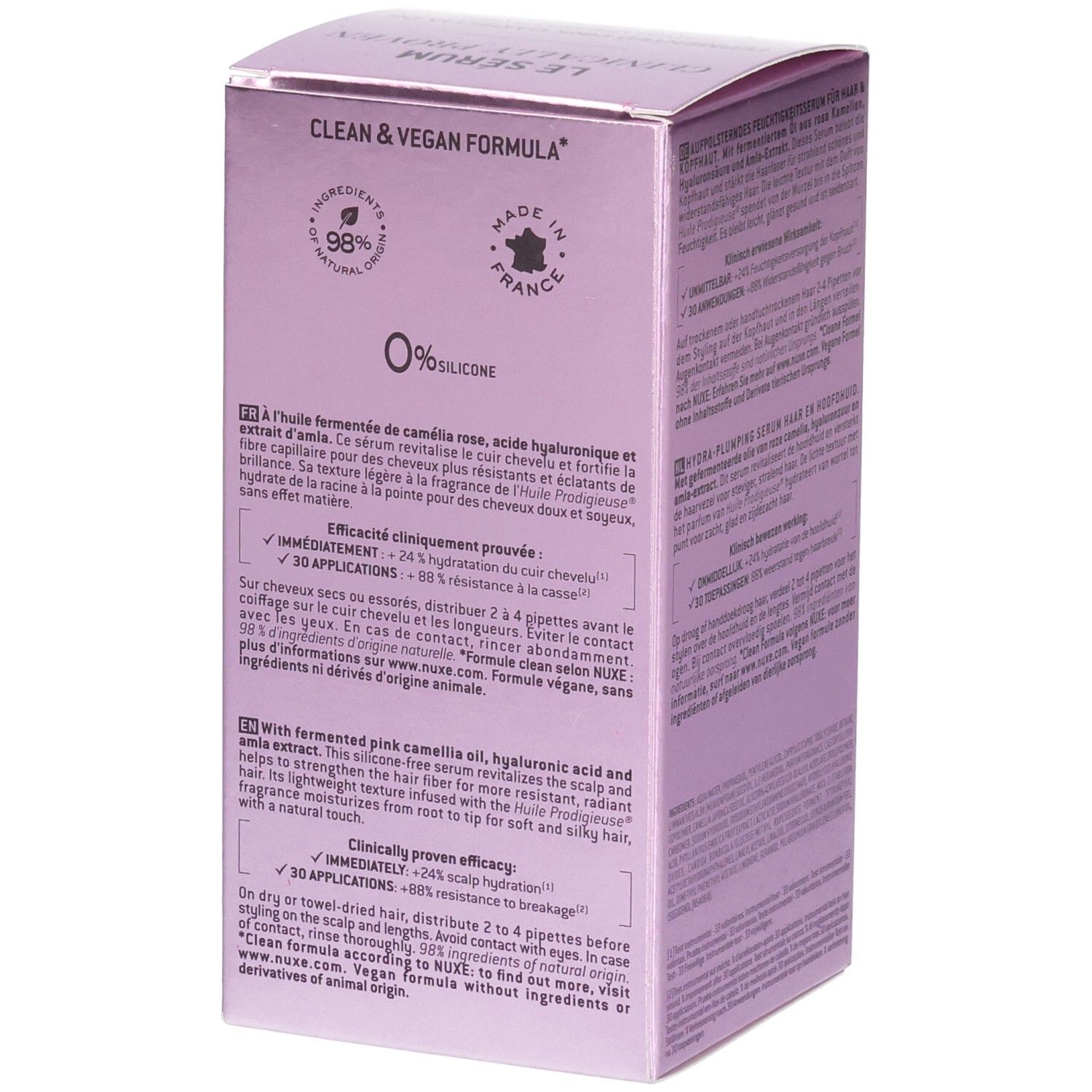 Boîte de sérum Nuxe Hair Prodigieux. Texte en français, informations, labels.