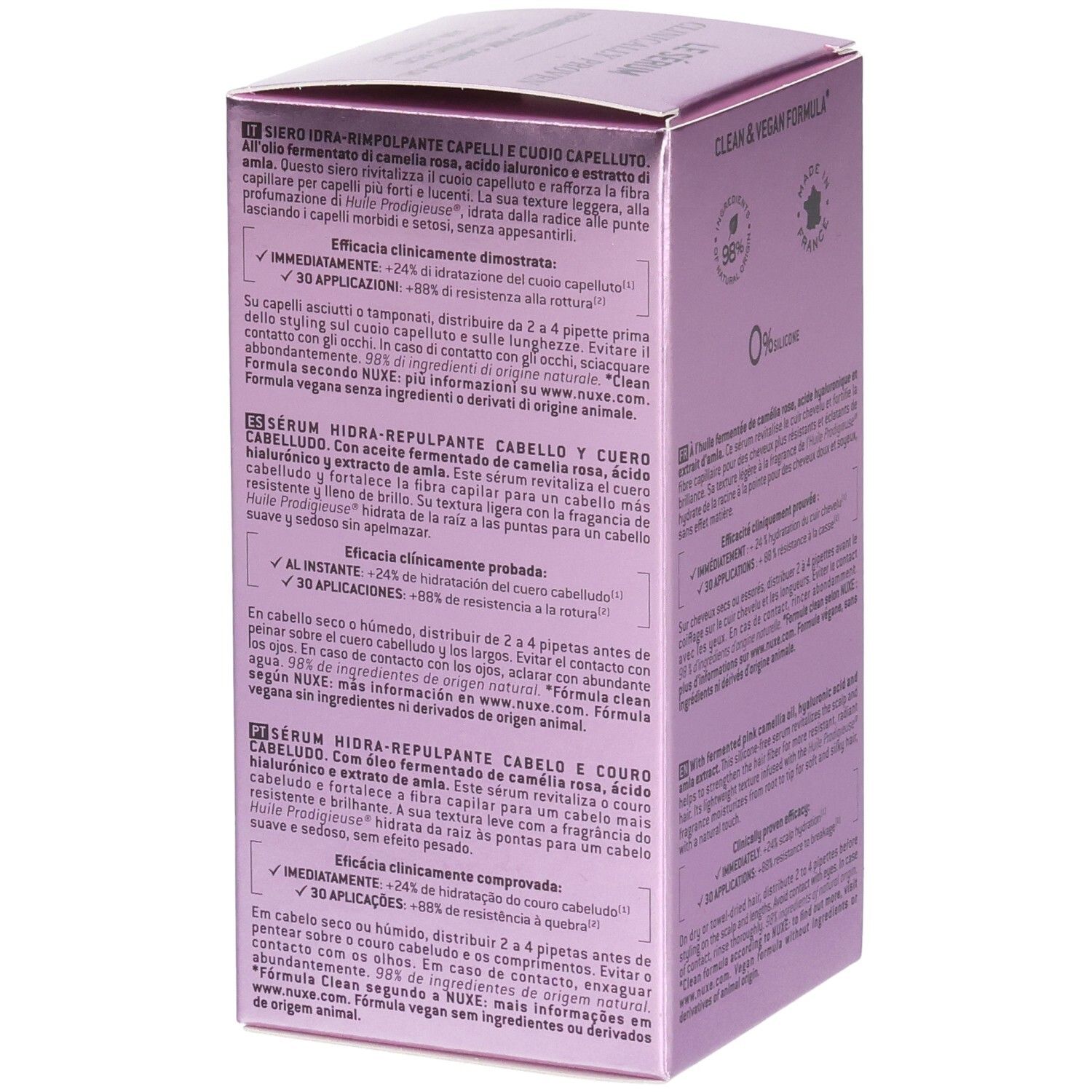 Dos de la boîte de sérum Nuxe Hair Prodigieux. Texte multilingue, labels.