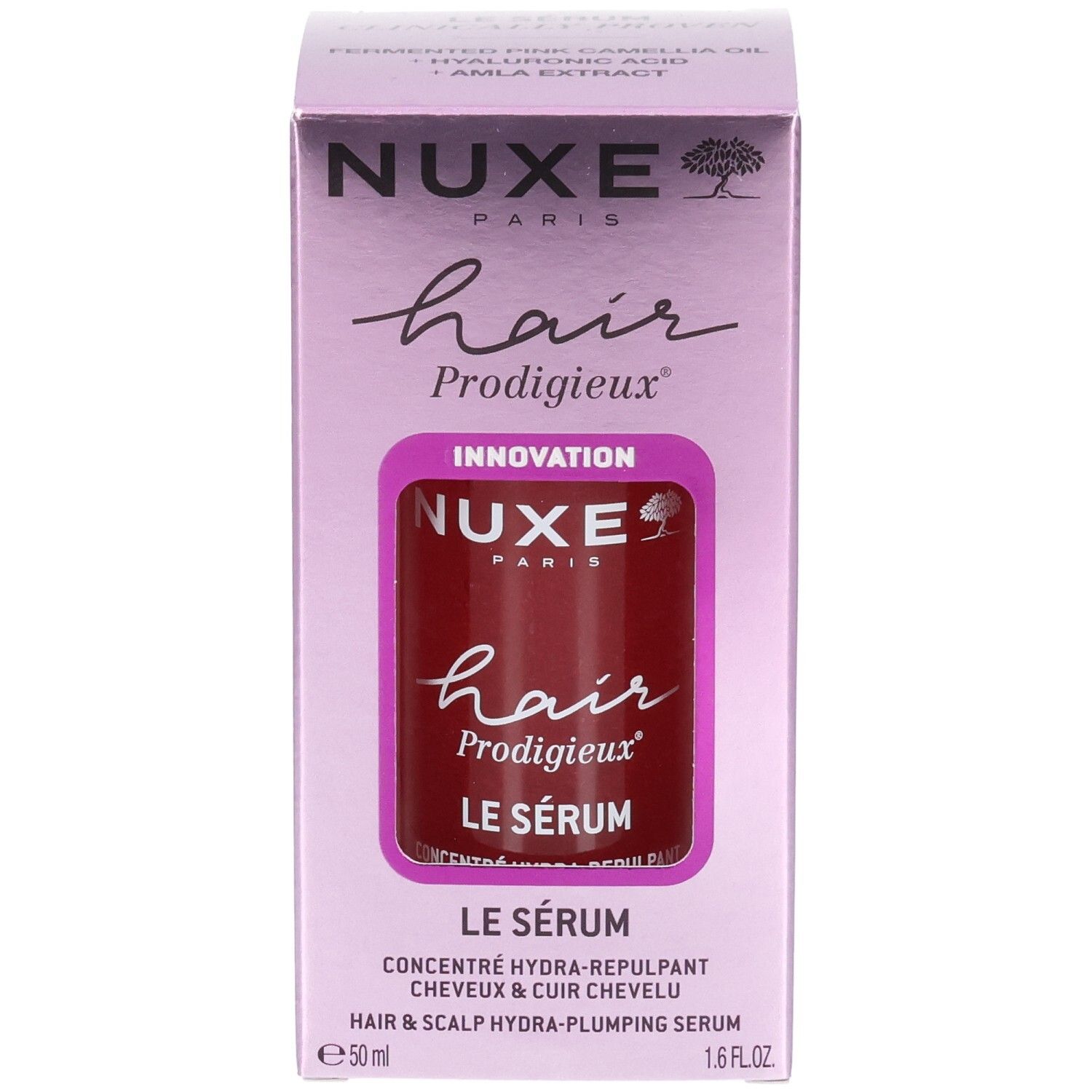 Face avant de la boîte de sérum Nuxe Hair Prodigieux. Flacon visible. Inscriptions: nom de la marque, produit.