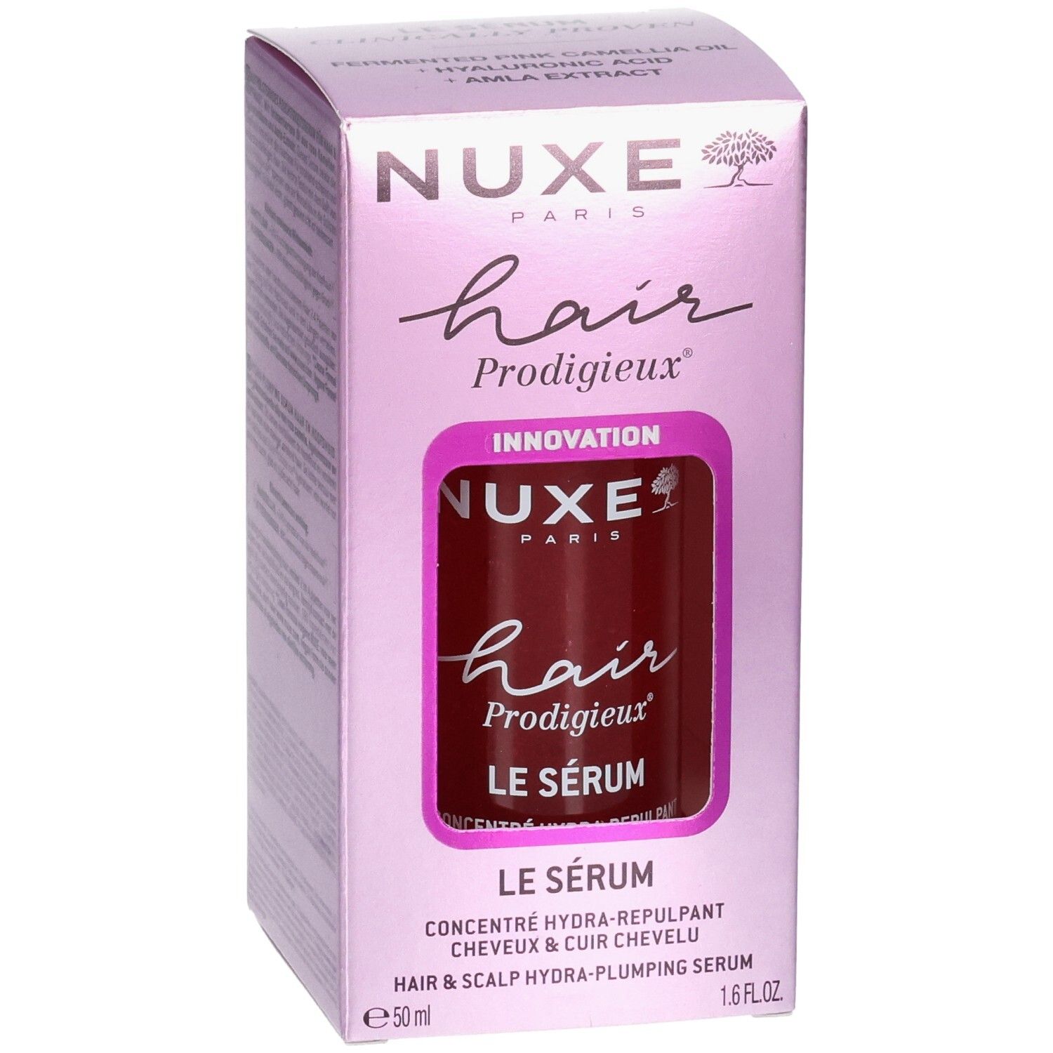 Face avant de la boîte de sérum Nuxe Hair Prodigieux. Flacon visible. Inscriptions: nom de la marque, produit.