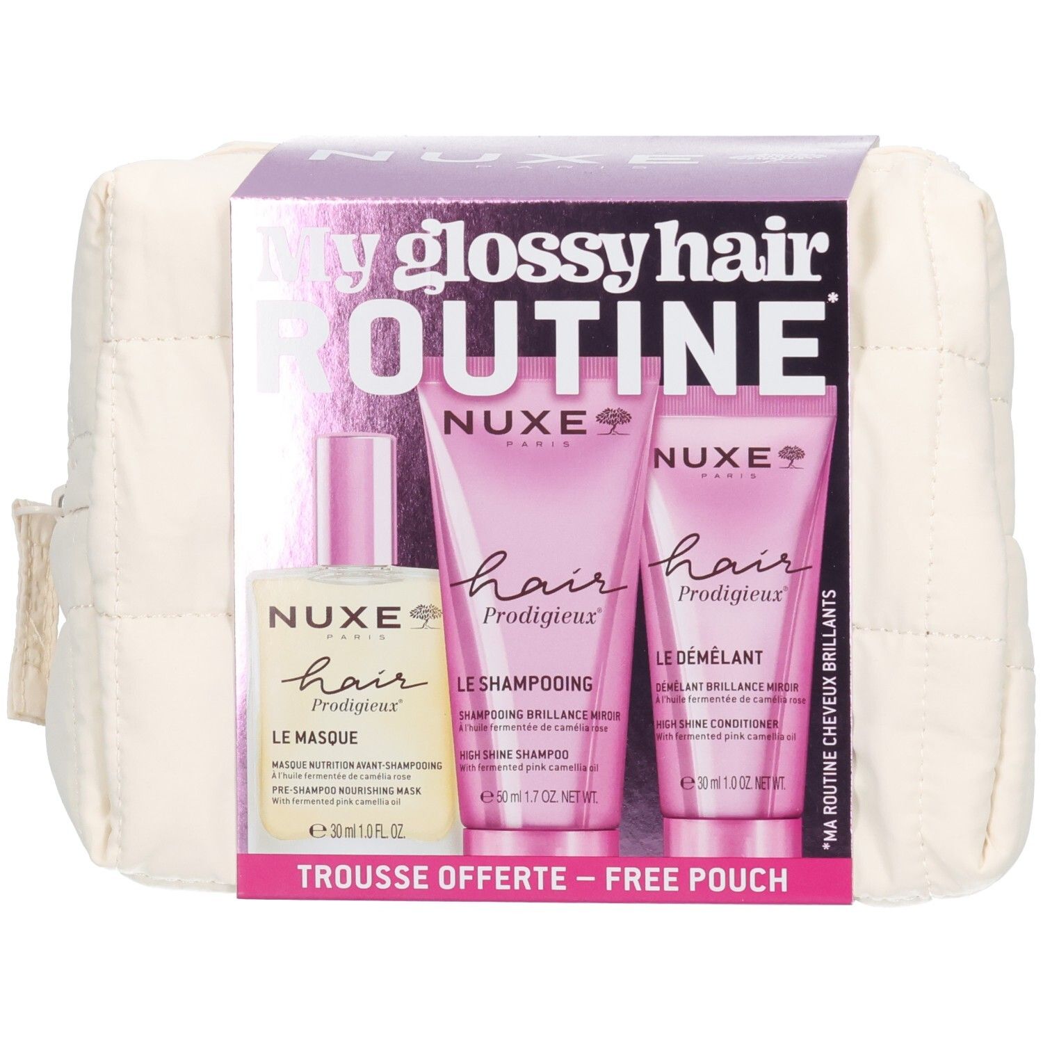 Trousse beige avec set Nuxe Hair Prodigieux. Contient shampooing, après-shampooing et masque. Texte: "My glossy hair routine".