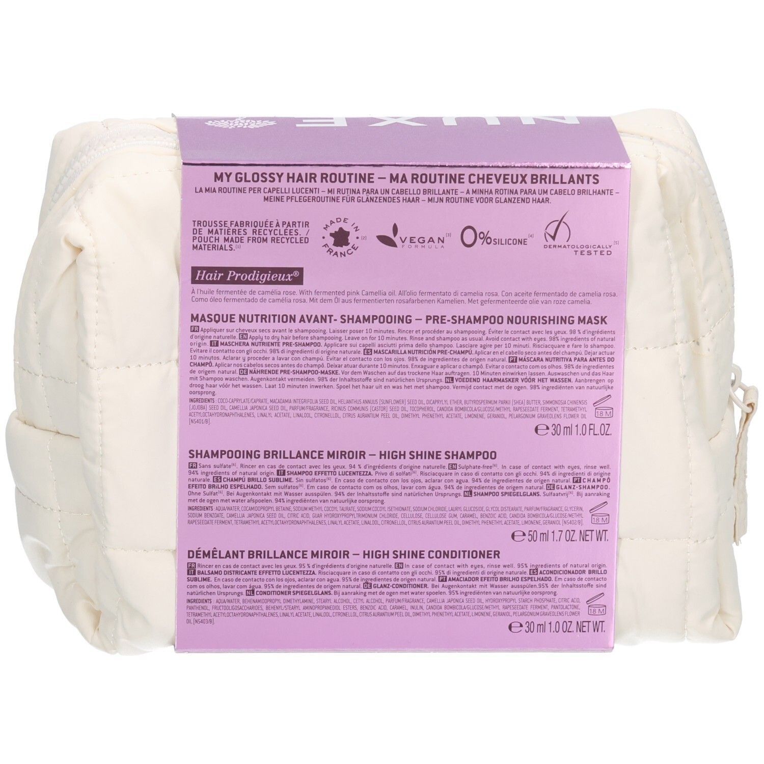 Dos de la trousse avec set Nuxe Hair Prodigieux. Contient informations produit et texte: "Vegan", "0% Silicone".