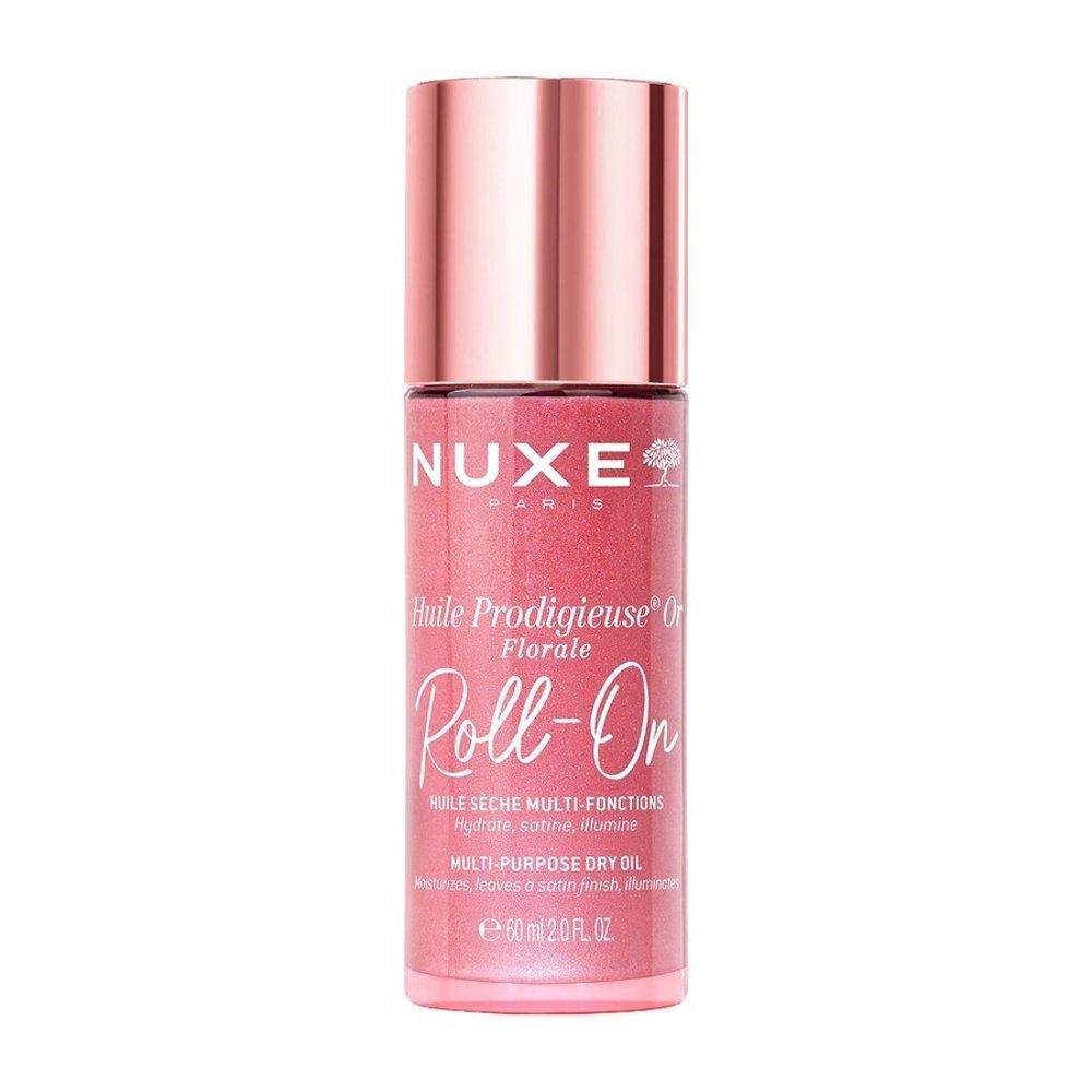 Flacon roll-on Nuxe Prodigieux Floral avec bouchon or rose.
