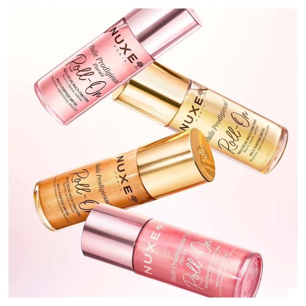 Flacon roll-on Nuxe Prodigieux Floral avec bouchon or rose.