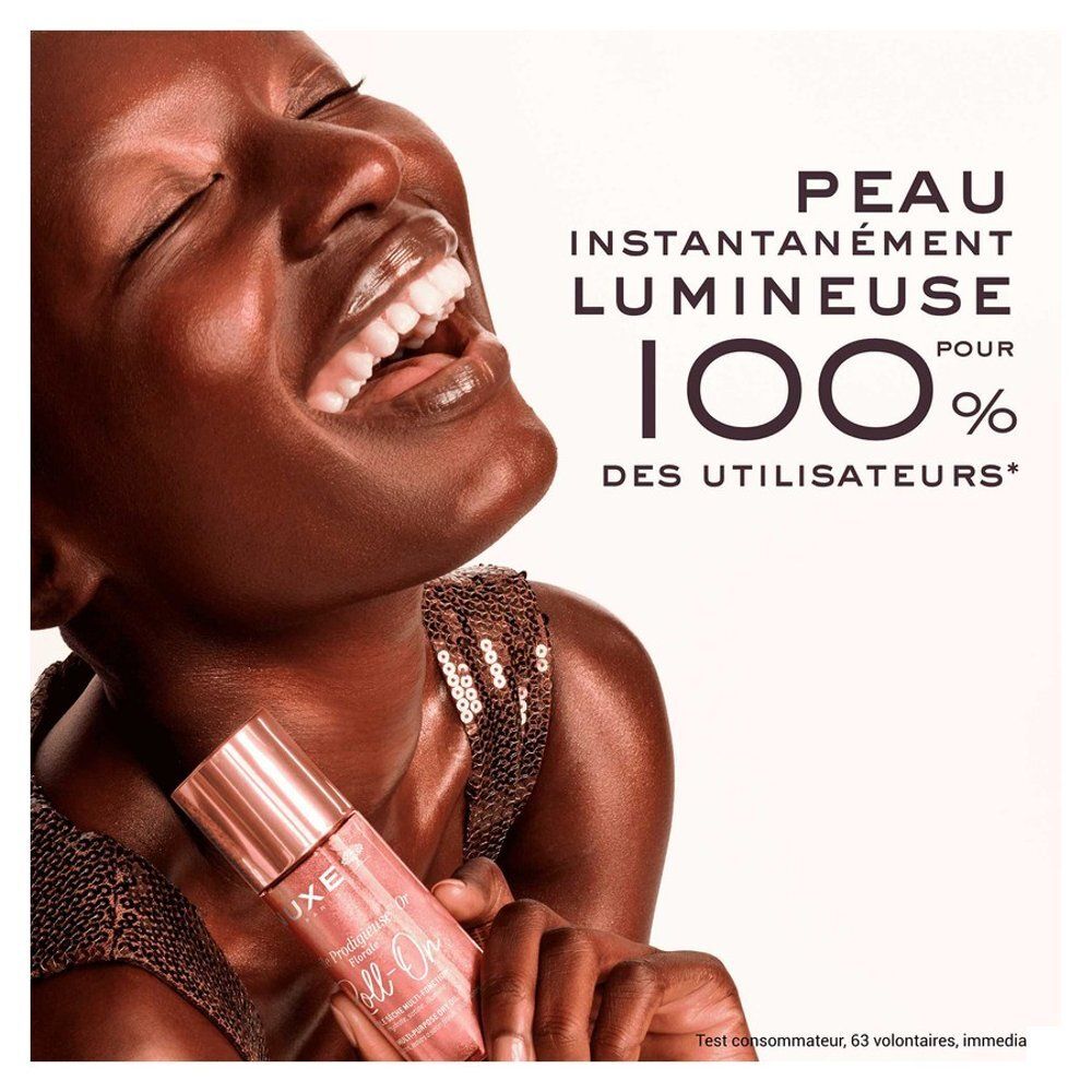 Flacon roll-on Nuxe Prodigieux Floral avec bouchon or rose.