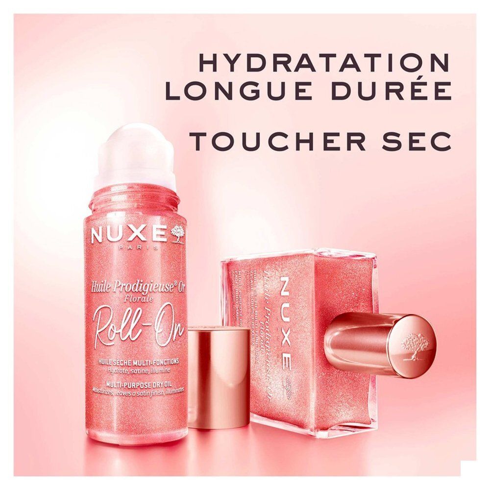 Flacon roll-on Nuxe Prodigieux Floral avec bouchon or rose.