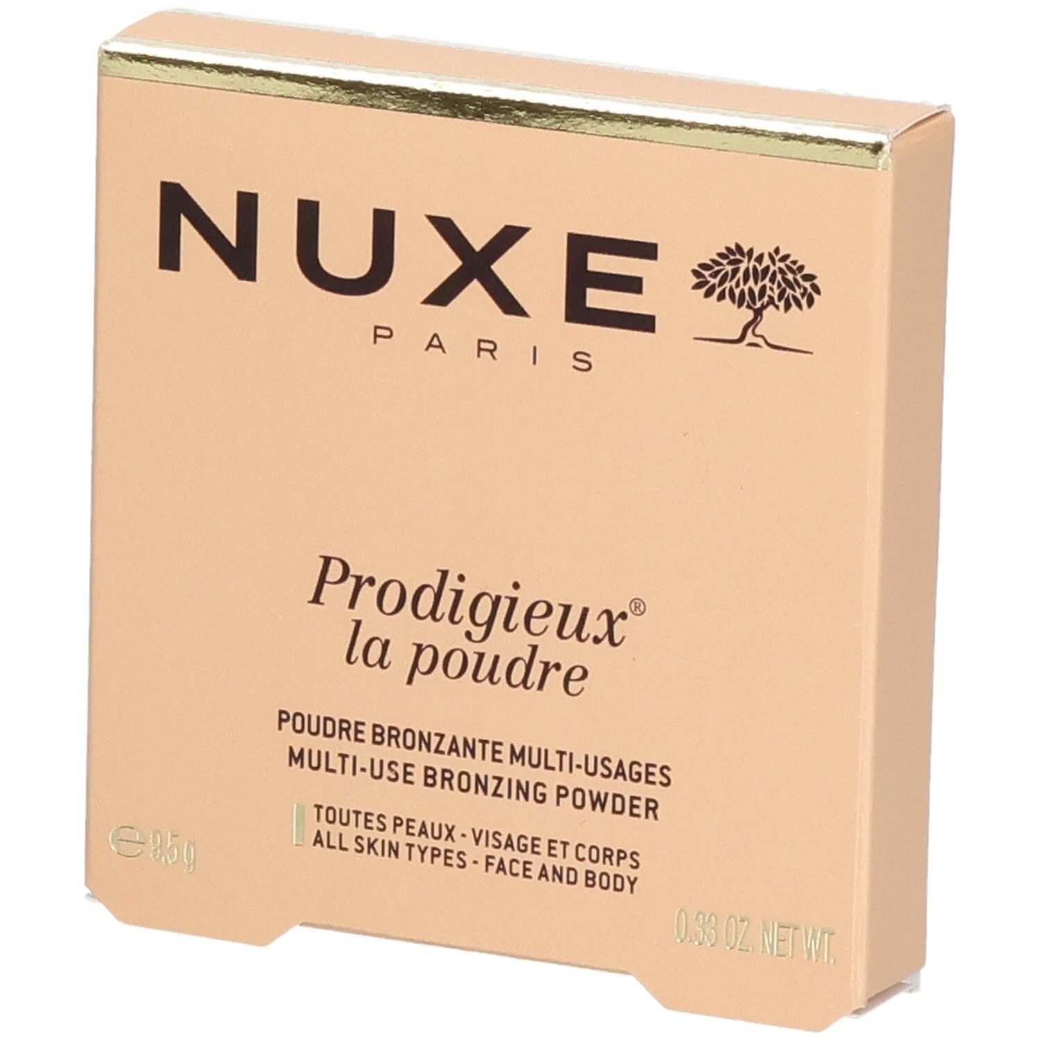 Boîte beige. Logo NUXE Paris. Nom du produit et description. Pour visage et corps. Poudre bronzante multi-usages.