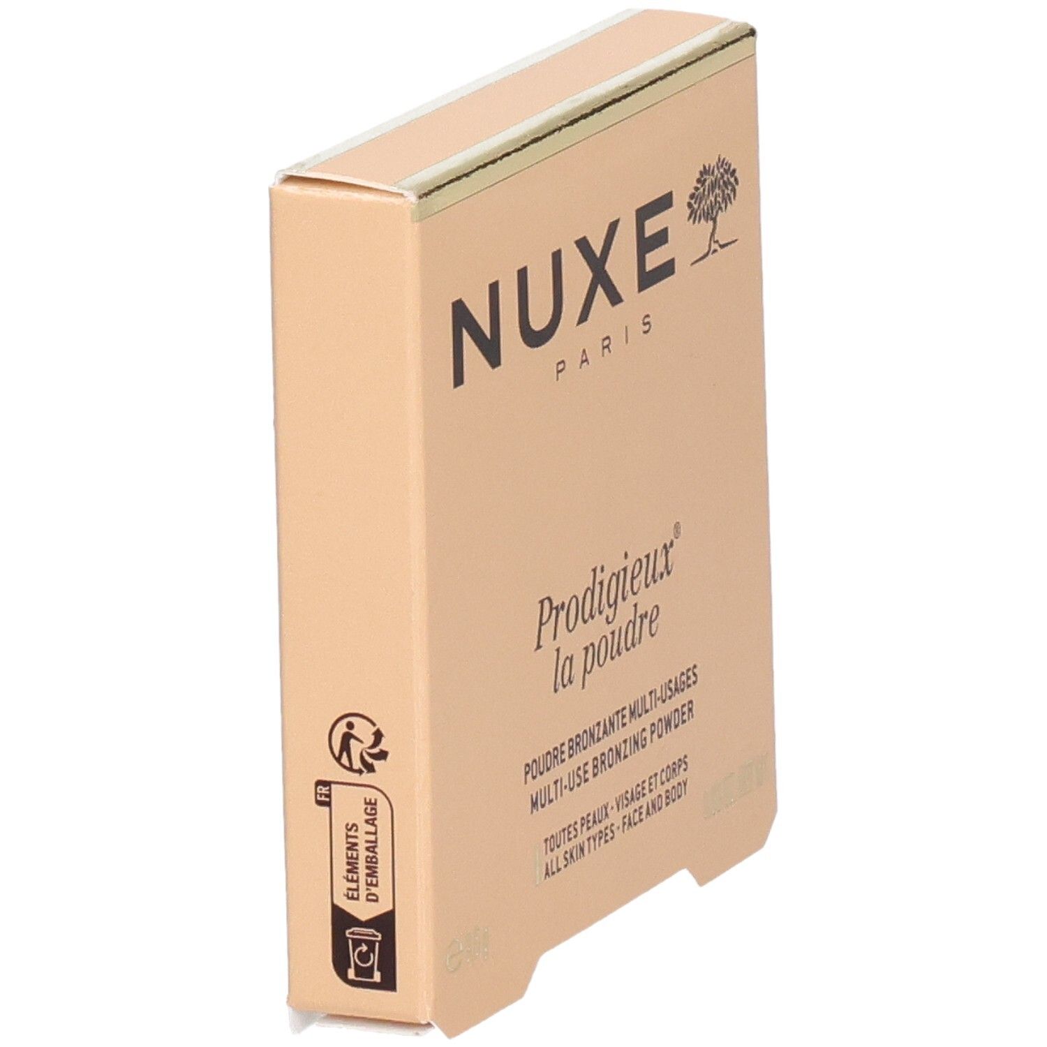 Boîte beige. Logo NUXE Paris. Nom du produit et description. Pour visage et corps. Vue latérale.