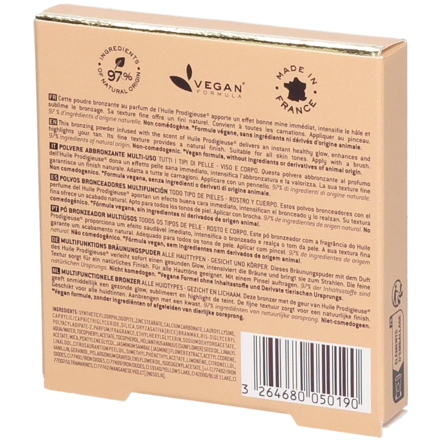 Dos de la boîte. Texte multilingue. Logo Vegan. Fabriqué en France. Ingrédients.