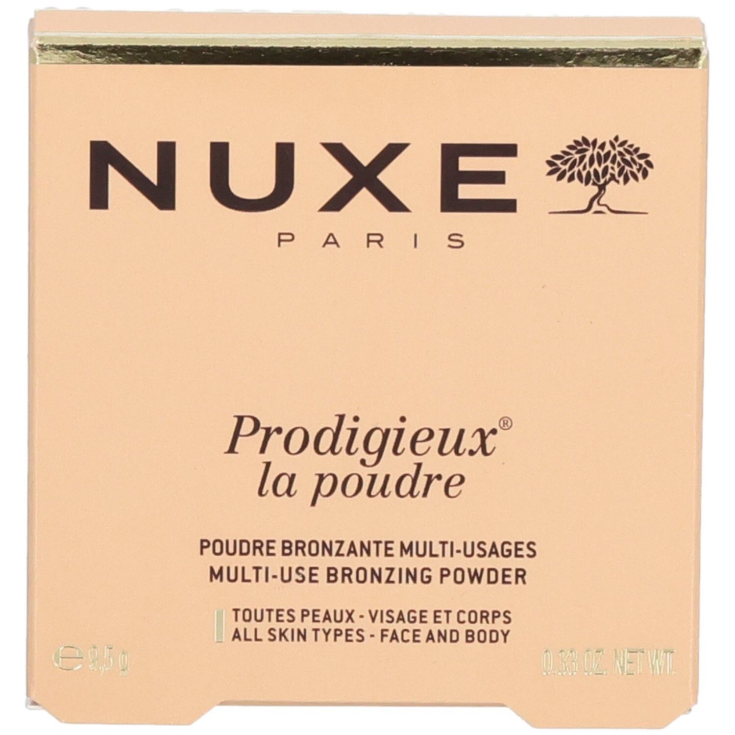 Boîte beige. Logo NUXE Paris. Nom du produit et description. Pour visage et corps. Poudre bronzante multi-usages.