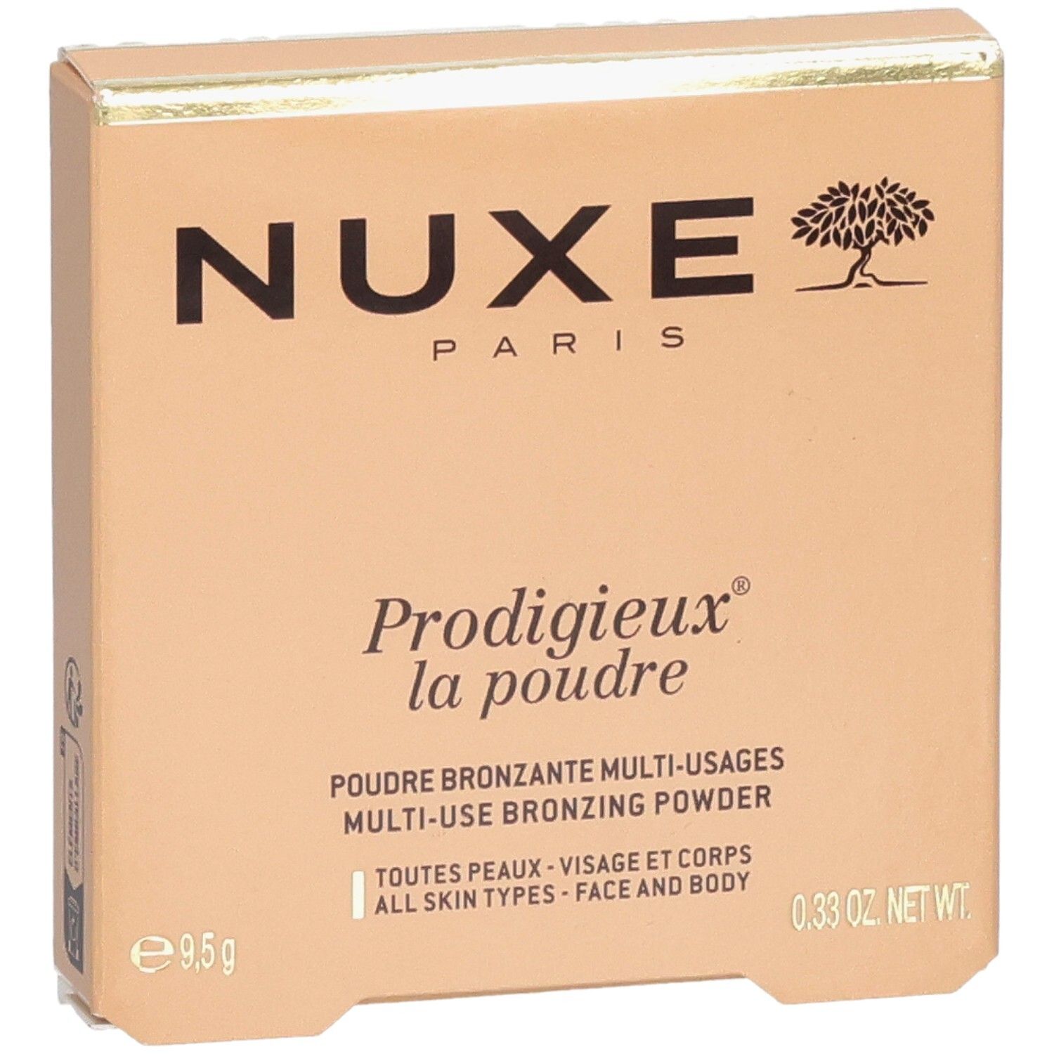 Boîte beige. Logo NUXE Paris. Nom du produit et description. Pour visage et corps. Poids net.