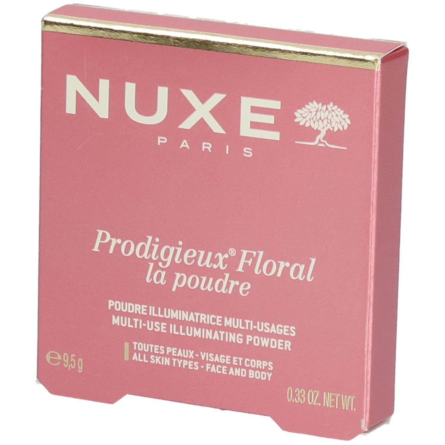 Boîte rose. NUXE Paris en haut. Prodigieux Floral la poudre en dessous. Poudre illuminatrice multi-usages. Pour visage et corps.