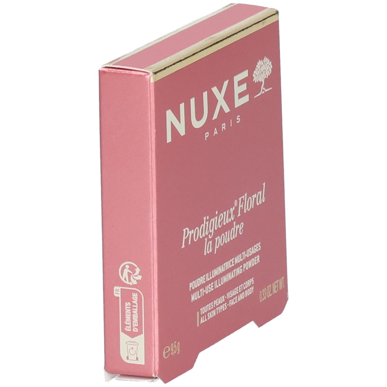 Boîte rose. NUXE Paris. Prodigieux Floral la poudre. Poudre illuminatrice multi-usages. Pour visage et corps. Symbole de recyclage.