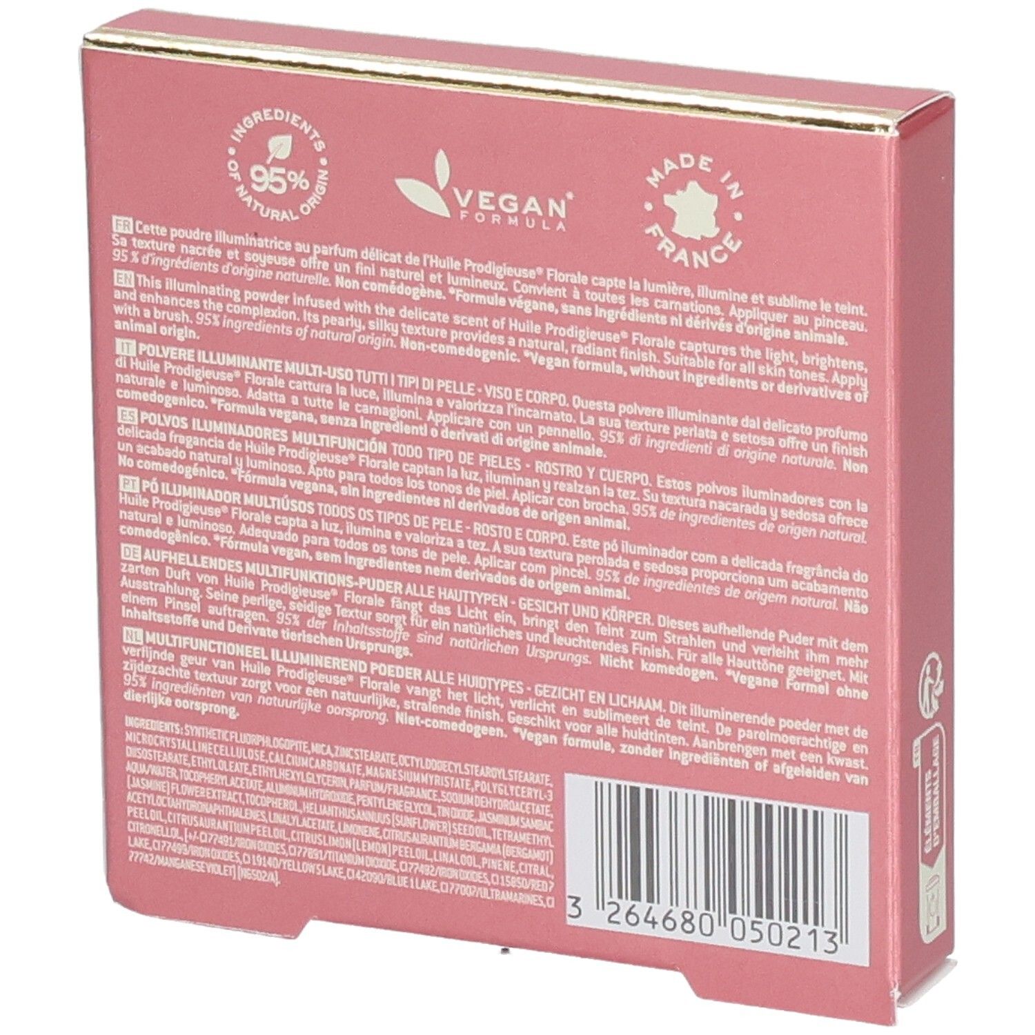Dos de la boîte rose. Texte multilingue. Logo vegan. Fabriqué en France. 95% ingrédients naturels. Code-barres.