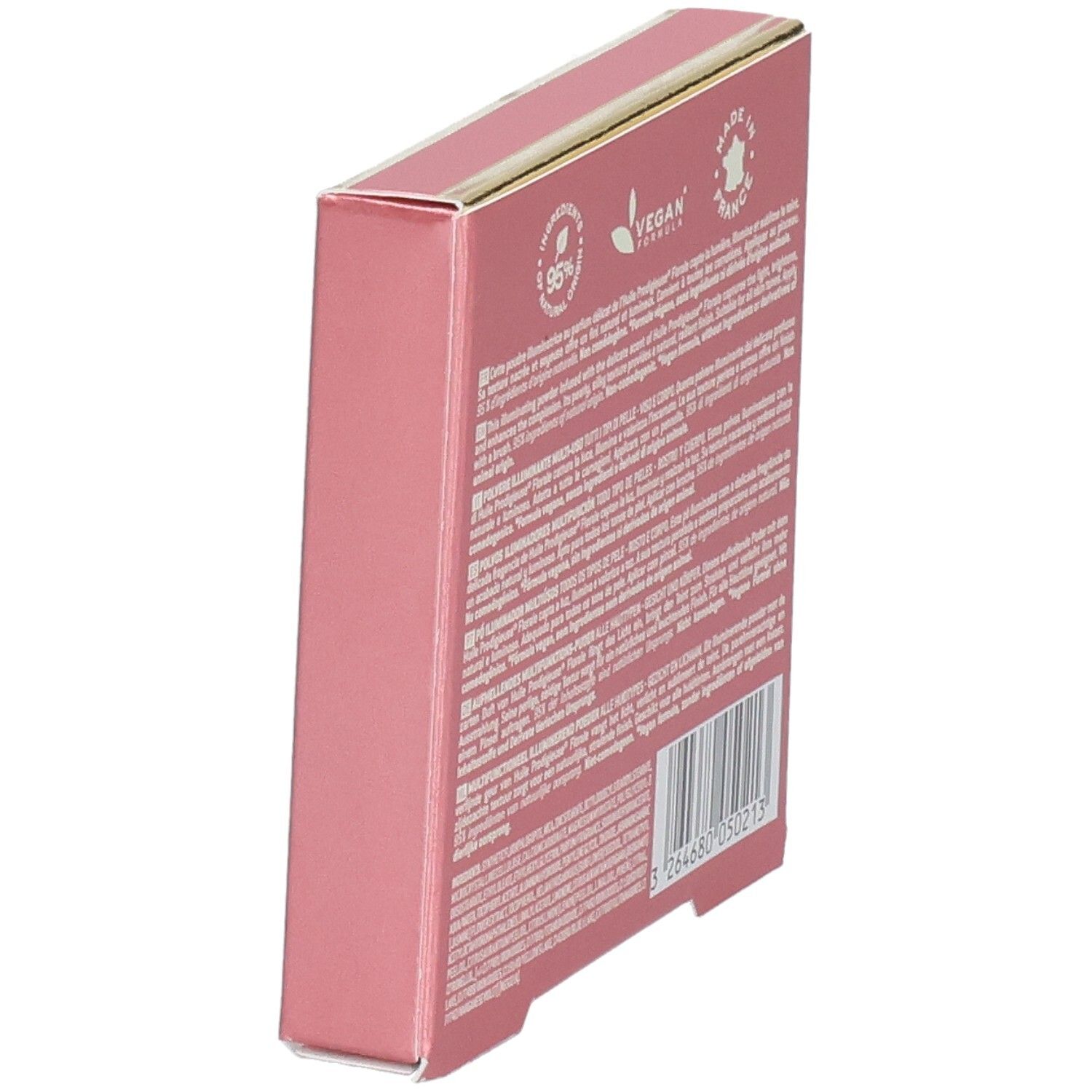 Côté de la boîte rose. Texte multilingue. Logo vegan. Fabriqué en France. 95% ingrédients naturels. Code-barres.