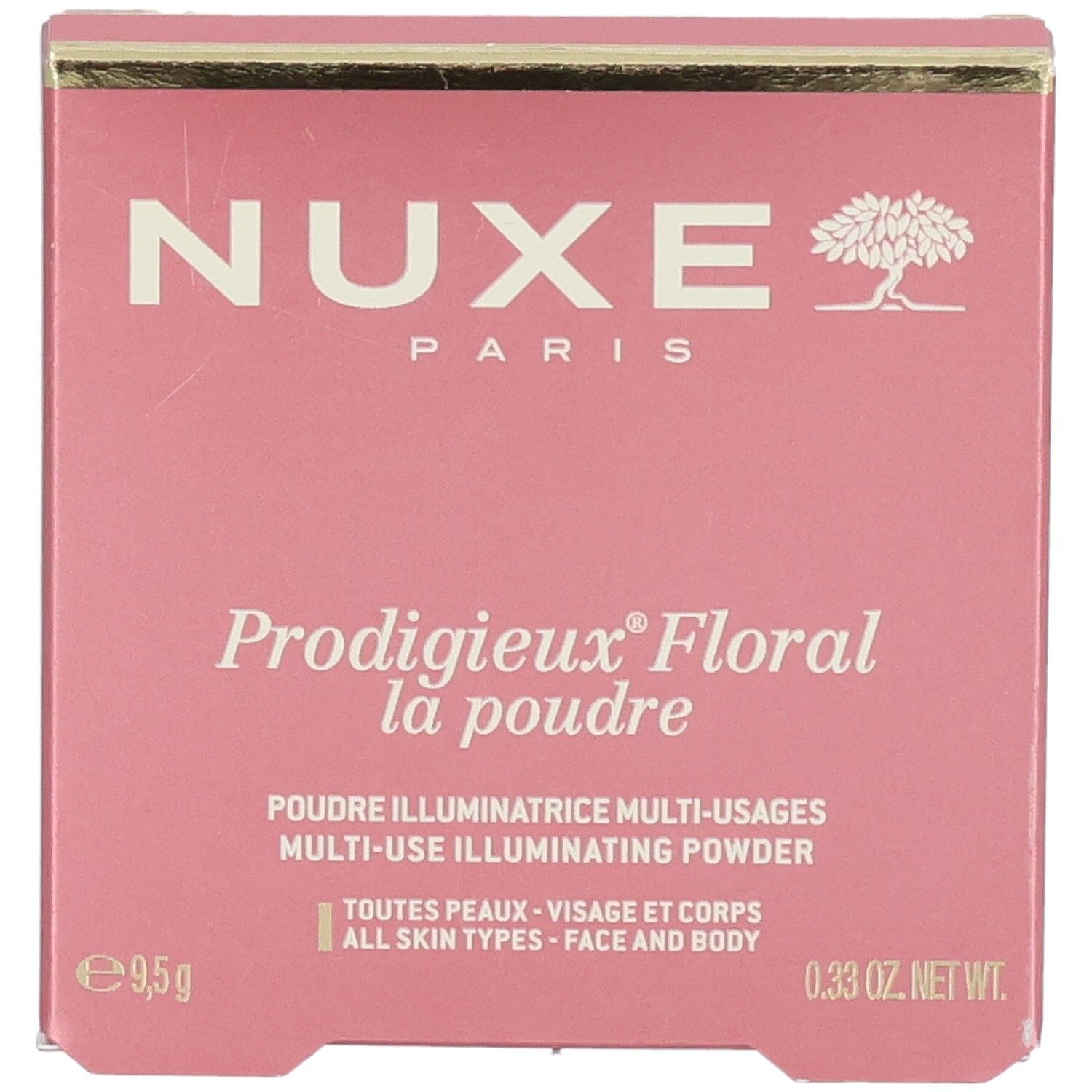 Boîte rose. NUXE Paris en haut. Prodigieux Floral la poudre en dessous. Poudre illuminatrice multi-usages. Pour visage et corps.